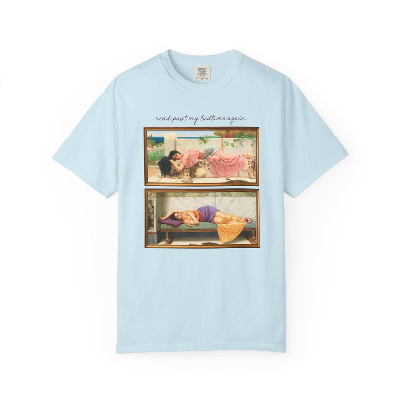 Book Lover Art History Tee Shirt for Romance Reader or Librarian: Read Past My Bedtime Again, Funny and Pretty Soft Girl Style Bookworm Tee - Opal and June