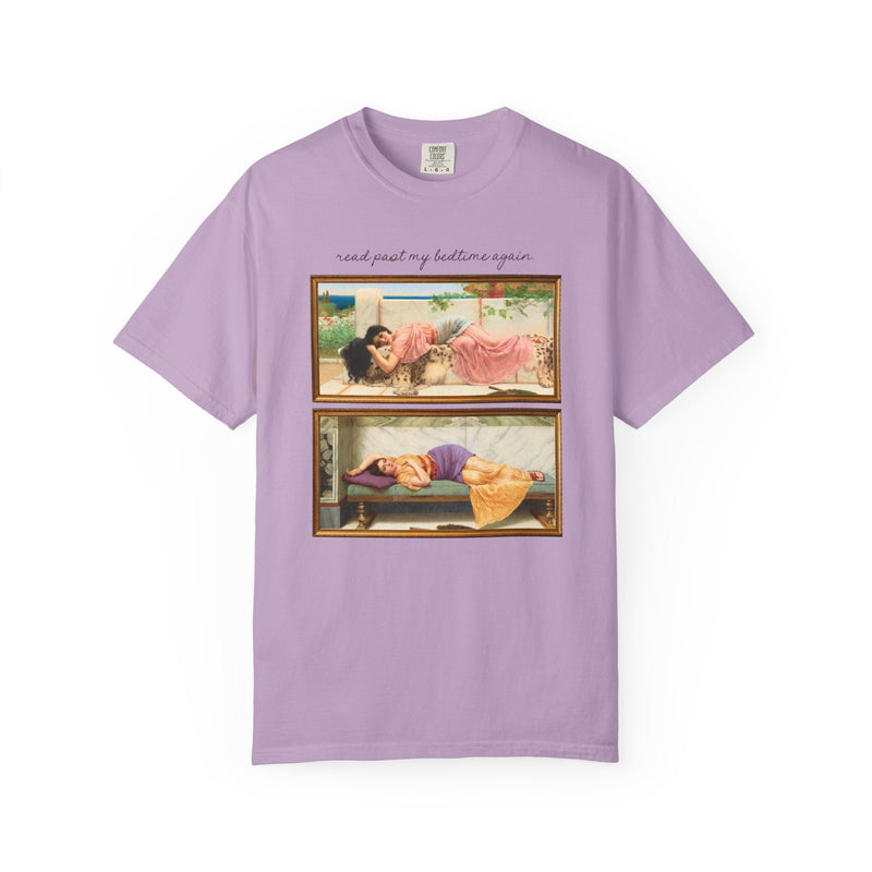 Book Lover Art History Tee Shirt for Romance Reader or Librarian: Read Past My Bedtime Again, Funny and Pretty Soft Girl Style Bookworm Tee - Opal and June