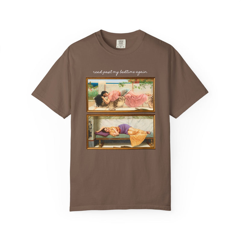Book Lover Art History Tee Shirt for Romance Reader or Librarian: Read Past My Bedtime Again, Funny and Pretty Soft Girl Style Bookworm Tee - Opal and June