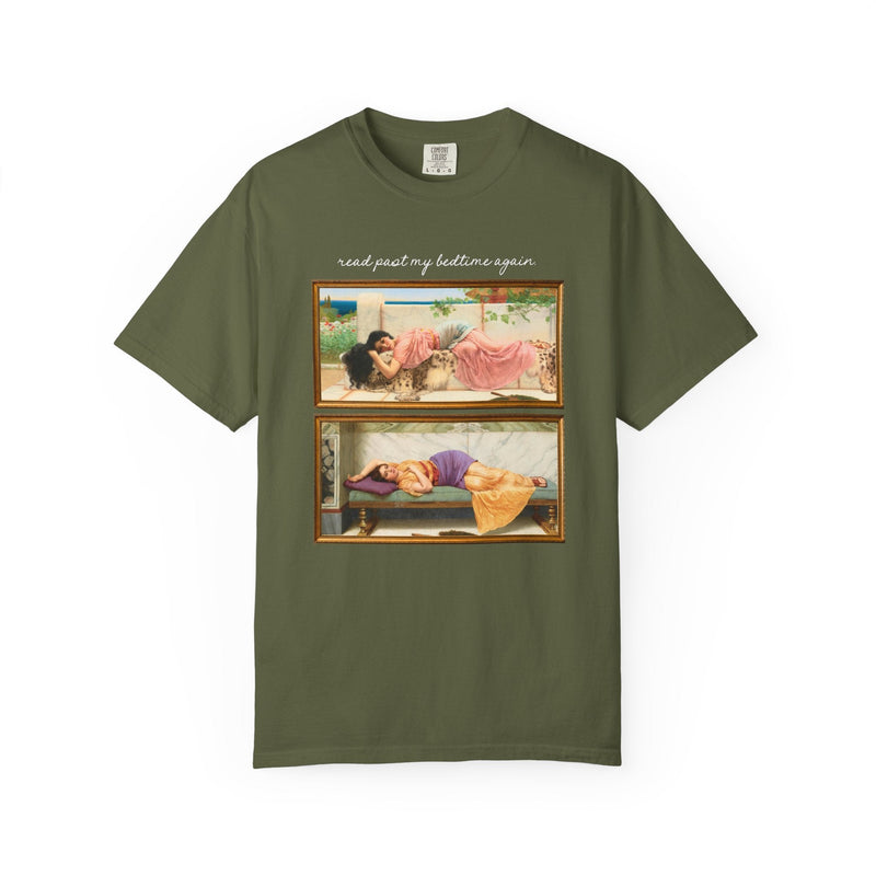 Book Lover Art History Tee Shirt for Romance Reader or Librarian: Read Past My Bedtime Again, Funny and Pretty Soft Girl Style Bookworm Tee - Opal and June