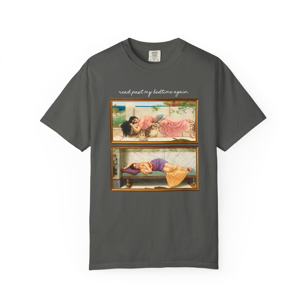 Book Lover Art History Tee Shirt for Romance Reader or Librarian: Read Past My Bedtime Again, Funny and Pretty Soft Girl Style Bookworm Tee - Opal and June