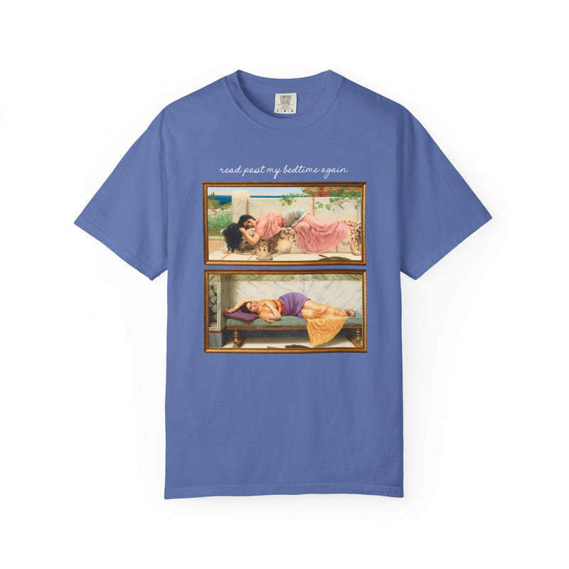Book Lover Art History Tee Shirt for Romance Reader or Librarian: Read Past My Bedtime Again, Funny and Pretty Soft Girl Style Bookworm Tee - Opal and June