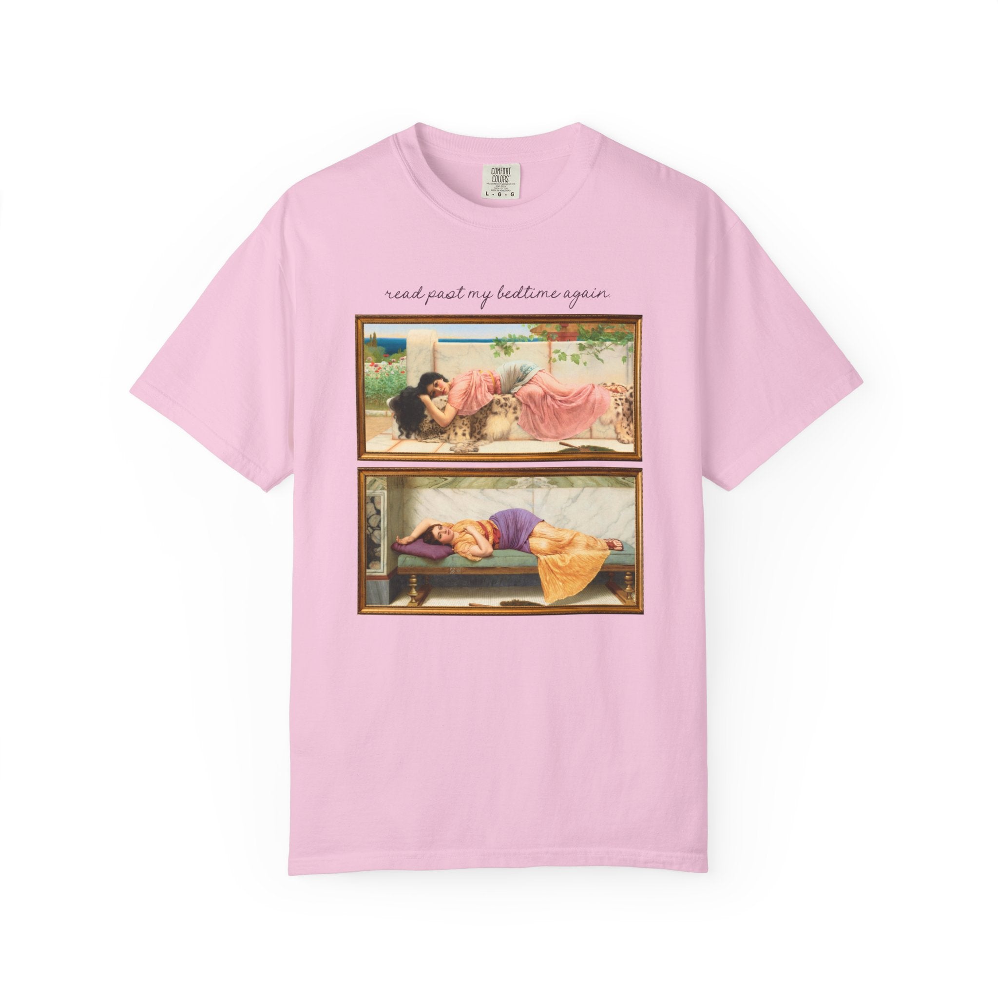 Book Lover Art History Tee Shirt for Romance Reader or Librarian: Read Past My Bedtime Again, Funny and Pretty Soft Girl Style Bookworm Tee - Opal and June