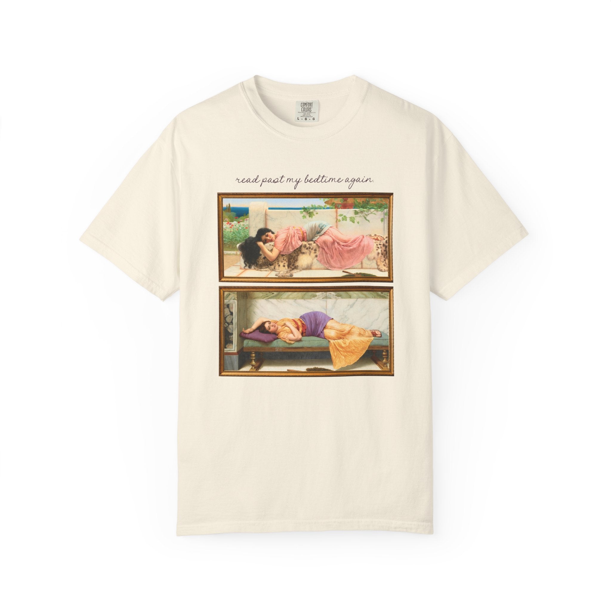 Book Lover Art History Tee Shirt for Romance Reader or Librarian: Read Past My Bedtime Again, Funny and Pretty Soft Girl Style Bookworm Tee - Opal and June