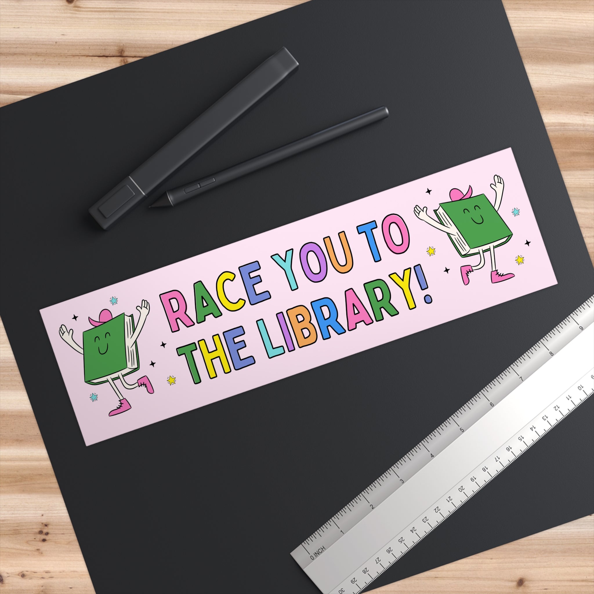 Book Lover Bumper Sticker: Race You To The Library! | Funny Colorful Bookish Gift for Reader or Bookworm, New Driver Who Loves Books Present - Opal and June
