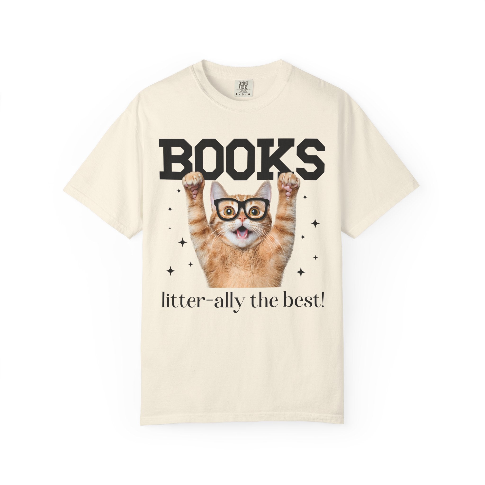 Book Lover Cat Mom or Cat Dad Tee Shirt for Librarian, Bookworm Gift, Funny Saying Reading Teacher or School Librarian T-Shirt with Stars - Opal and June