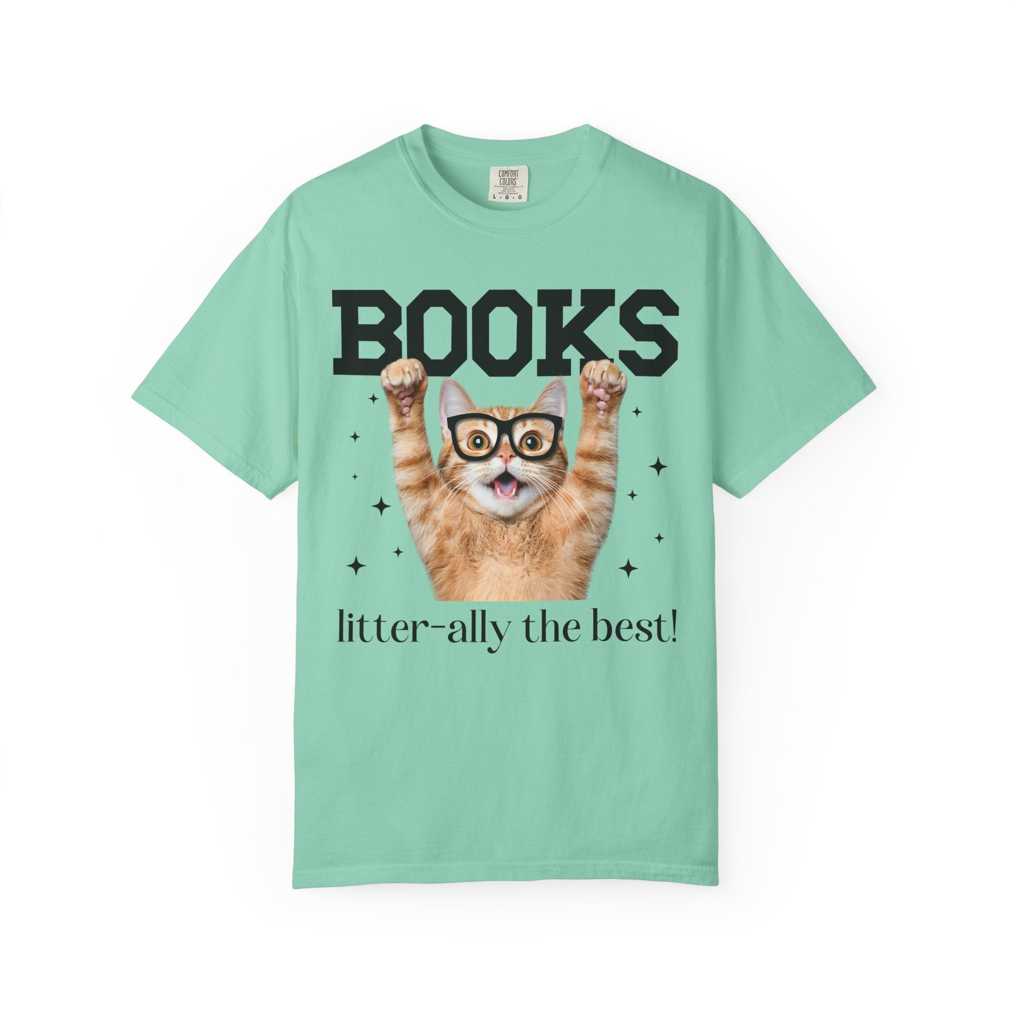 Book Lover Cat Mom or Cat Dad Tee Shirt for Librarian, Bookworm Gift, Funny Saying Reading Teacher or School Librarian T-Shirt with Stars - Opal and June