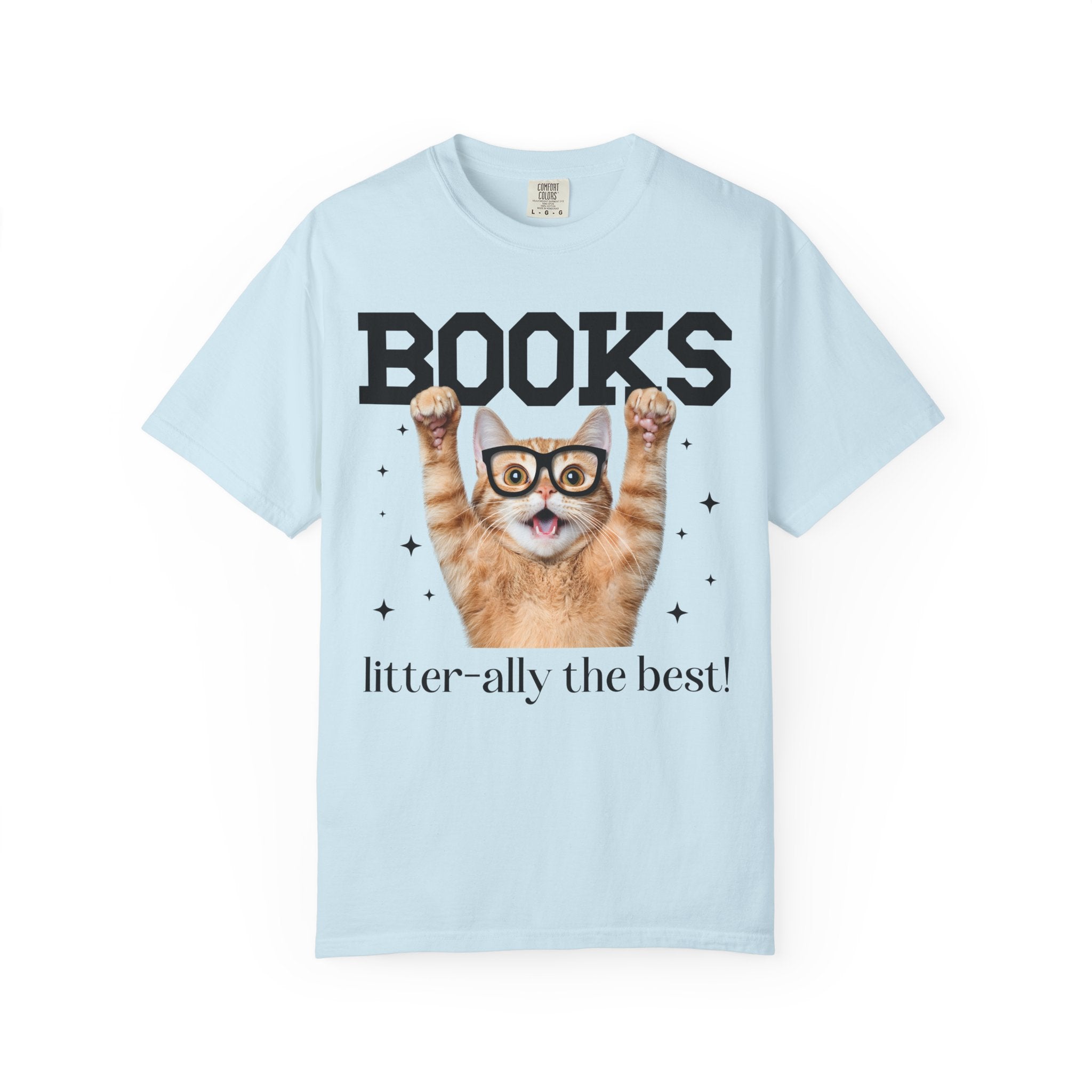 Book Lover Cat Mom or Cat Dad Tee Shirt for Librarian, Bookworm Gift, Funny Saying Reading Teacher or School Librarian T-Shirt with Stars - Opal and June