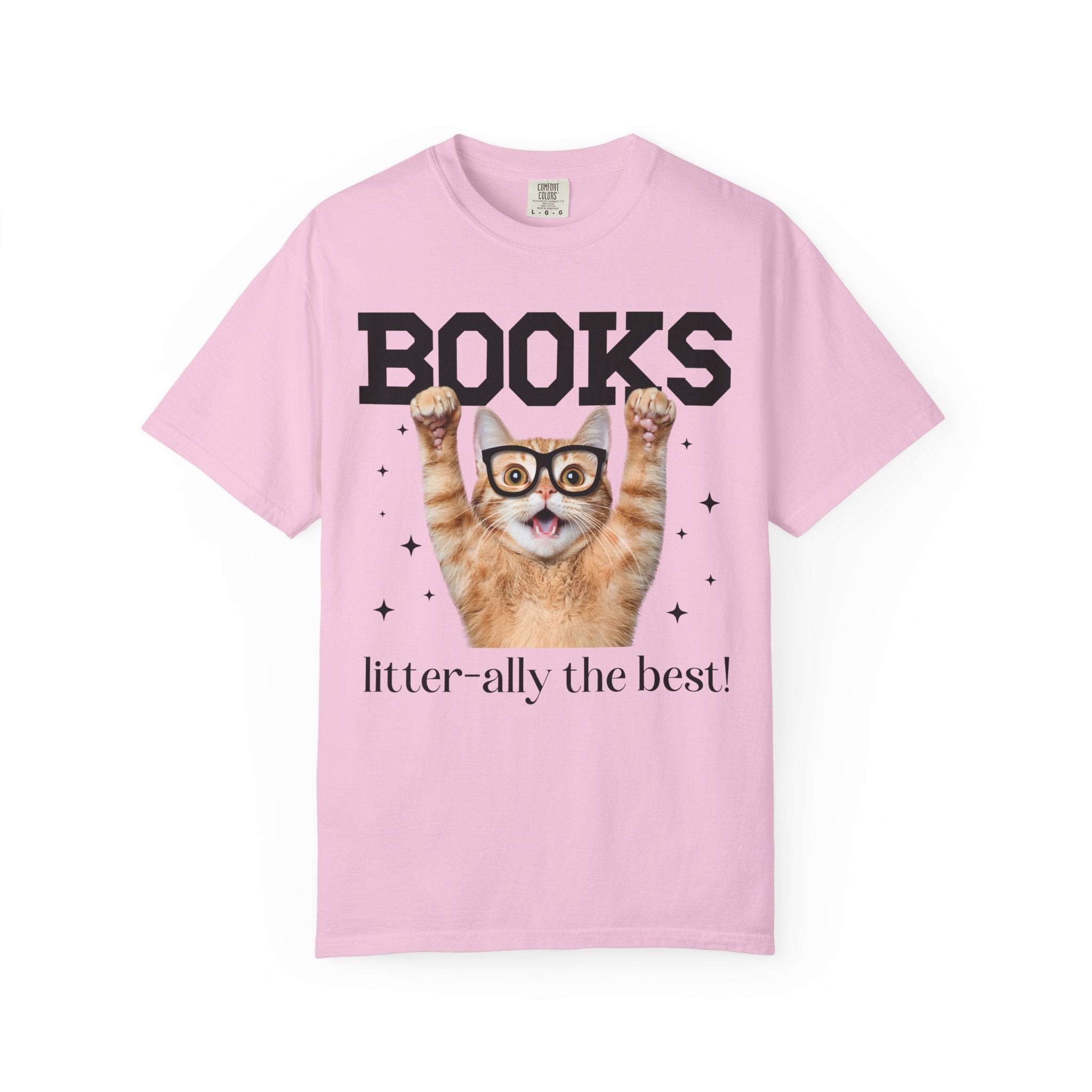 Book Lover Cat Mom or Cat Dad Tee Shirt for Librarian, Bookworm Gift, Funny Saying Reading Teacher or School Librarian T-Shirt with Stars - Opal and June