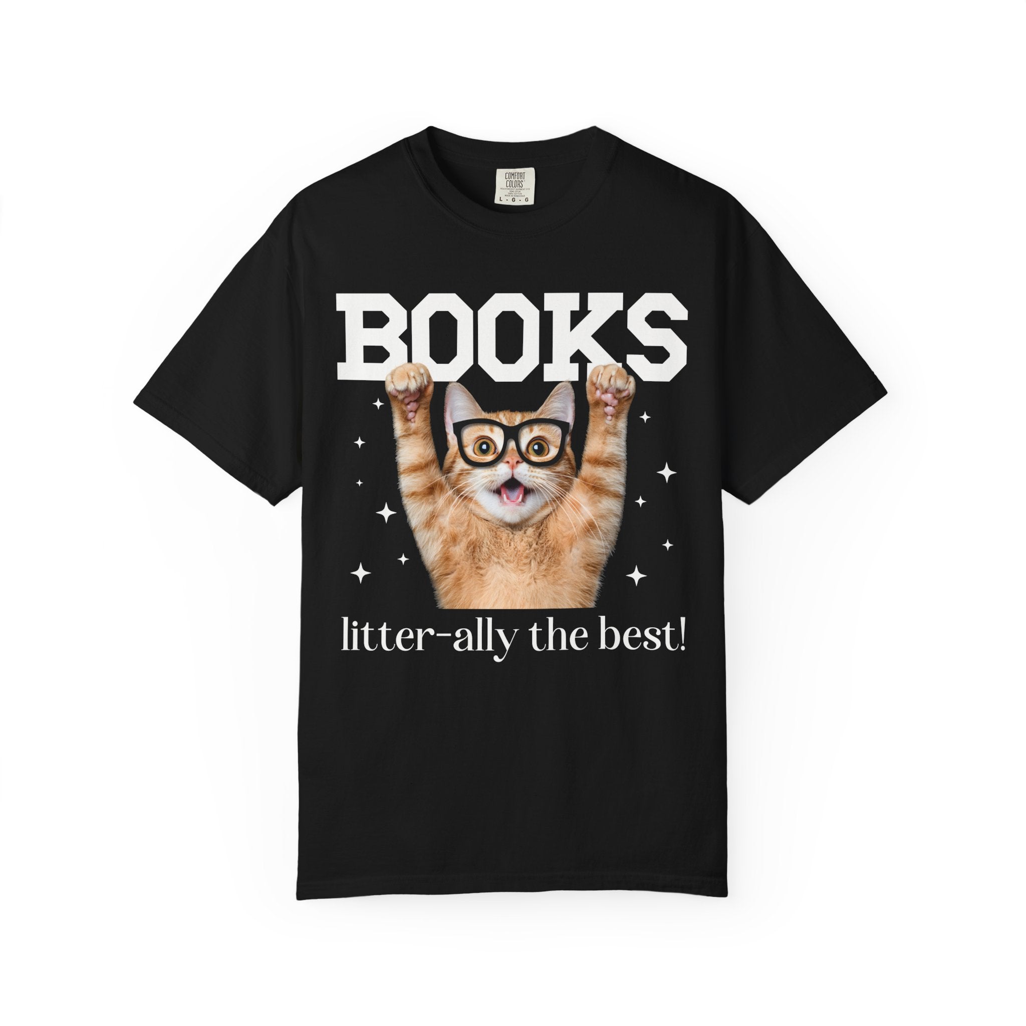 Book Lover Cat Mom or Cat Dad Tee Shirt for Librarian, Bookworm Gift, Funny Saying Reading Teacher or School Librarian T-Shirt with Stars - Opal and June