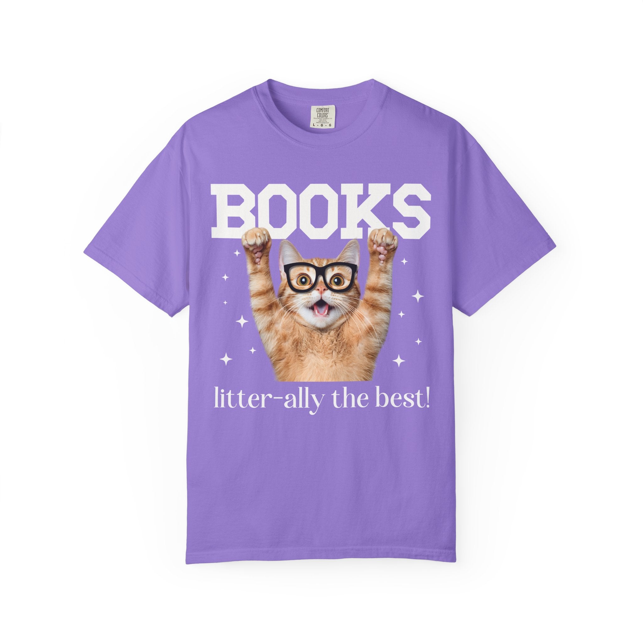 Book Lover Cat Mom or Cat Dad Tee Shirt for Librarian, Bookworm Gift, Funny Saying Reading Teacher or School Librarian T-Shirt with Stars - Opal and June