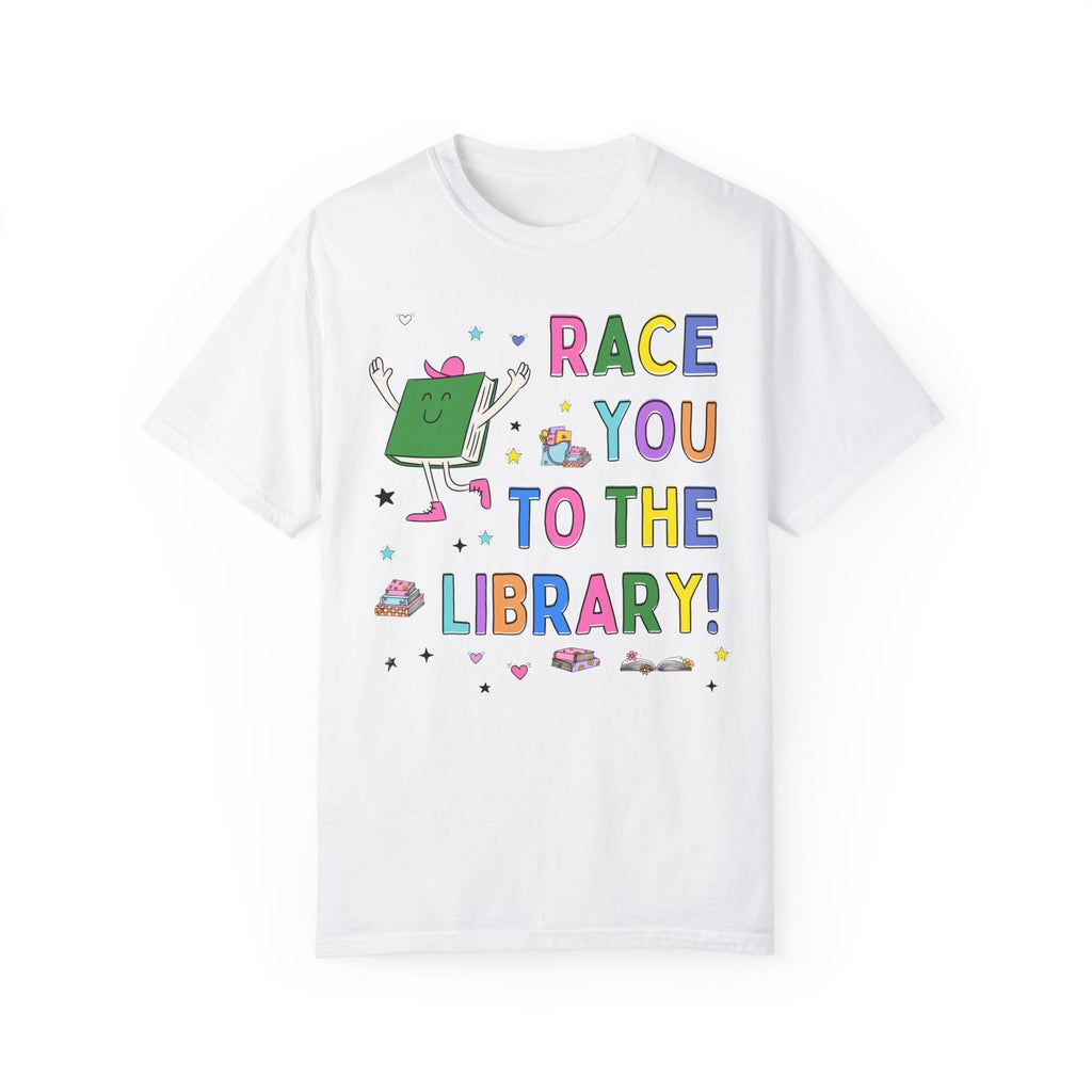 Book Lover Gift for Runner Who Loves Reading: Race You To The Library! Colorful 90s Aesthetic T-Shirt with Stars, Cute Bookish Tee Shirt - Opal and June