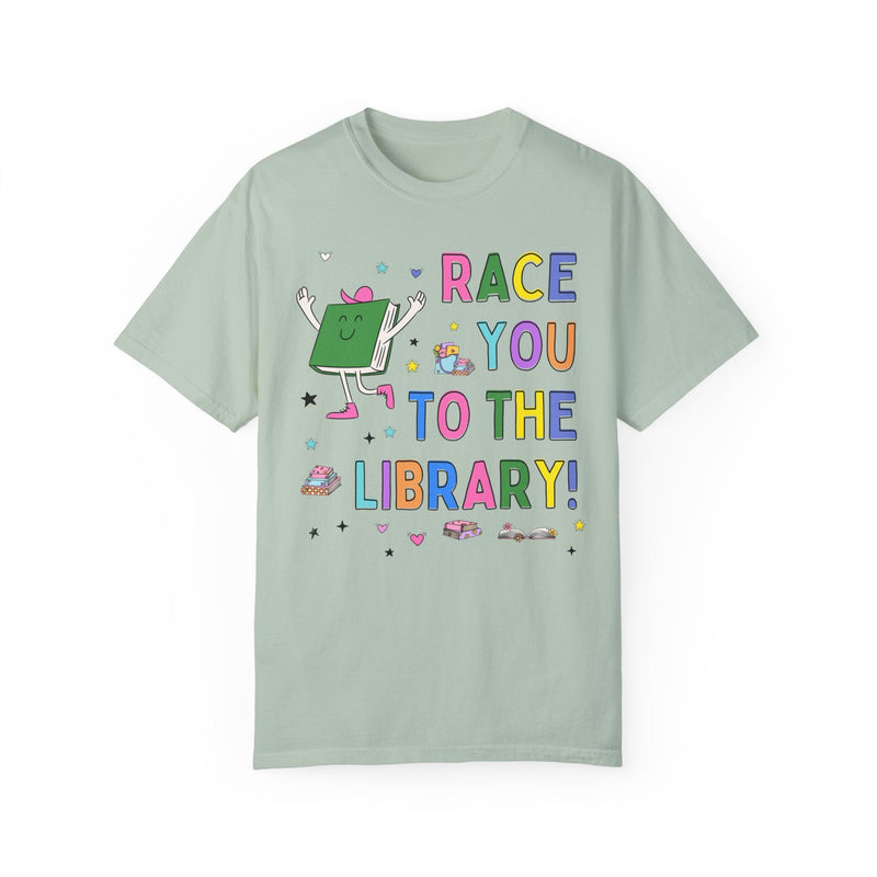 Book Lover Gift for Runner Who Loves Reading: Race You To The Library! Colorful 90s Aesthetic T-Shirt with Stars, Cute Bookish Tee Shirt - Opal and June