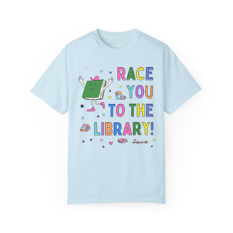 Book Lover Gift for Runner Who Loves Reading: Race You To The Library! Colorful 90s Aesthetic T-Shirt with Stars, Cute Bookish Tee Shirt - Opal and June