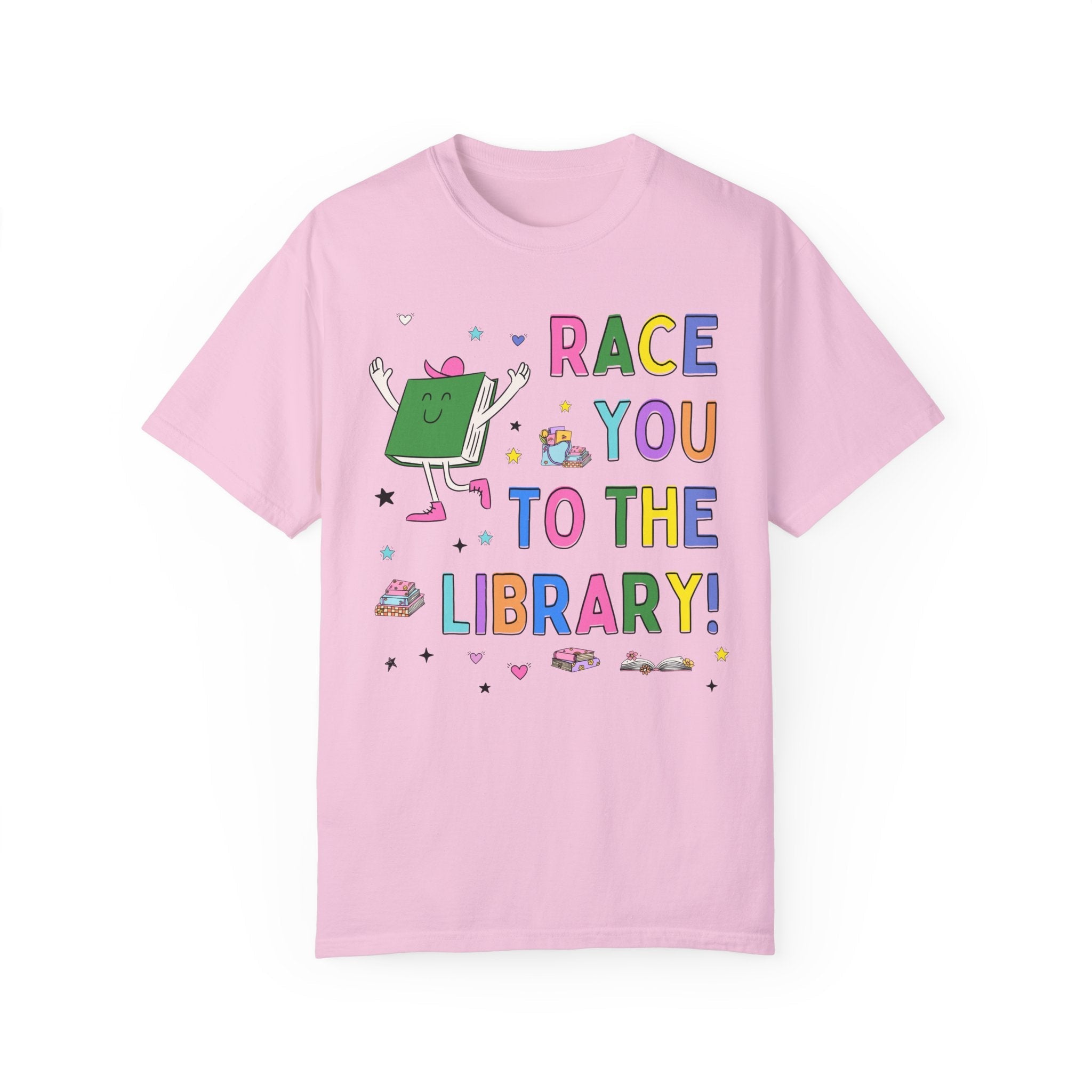 Book Lover Gift for Runner Who Loves Reading: Race You To The Library! Colorful 90s Aesthetic T-Shirt with Stars, Cute Bookish Tee Shirt - Opal and June
