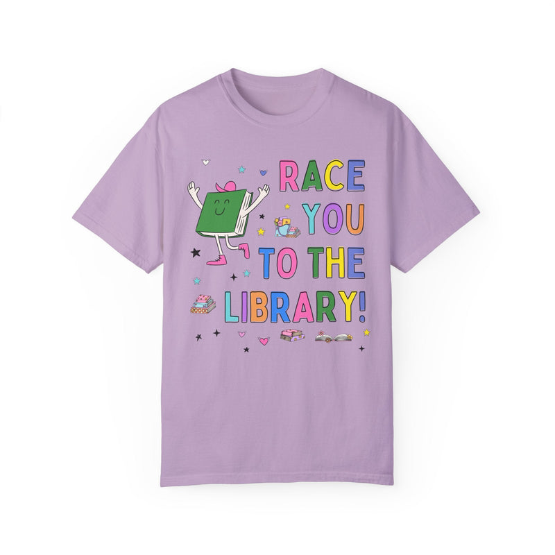 Book Lover Gift for Runner Who Loves Reading: Race You To The Library! Colorful 90s Aesthetic T-Shirt with Stars, Cute Bookish Tee Shirt - Opal and June