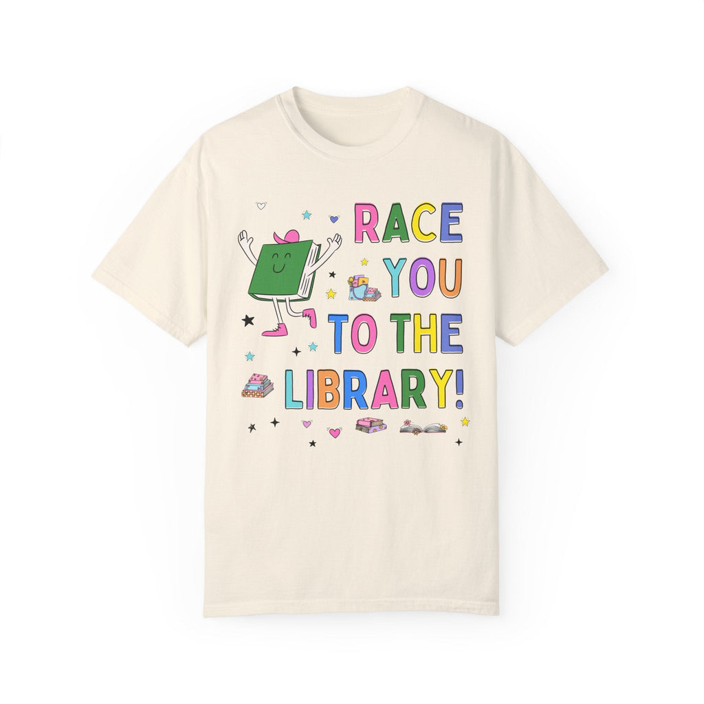 Book Lover Gift for Runner Who Loves Reading: Race You To The Library! Colorful 90s Aesthetic T-Shirt with Stars, Cute Bookish Tee Shirt - Opal and June