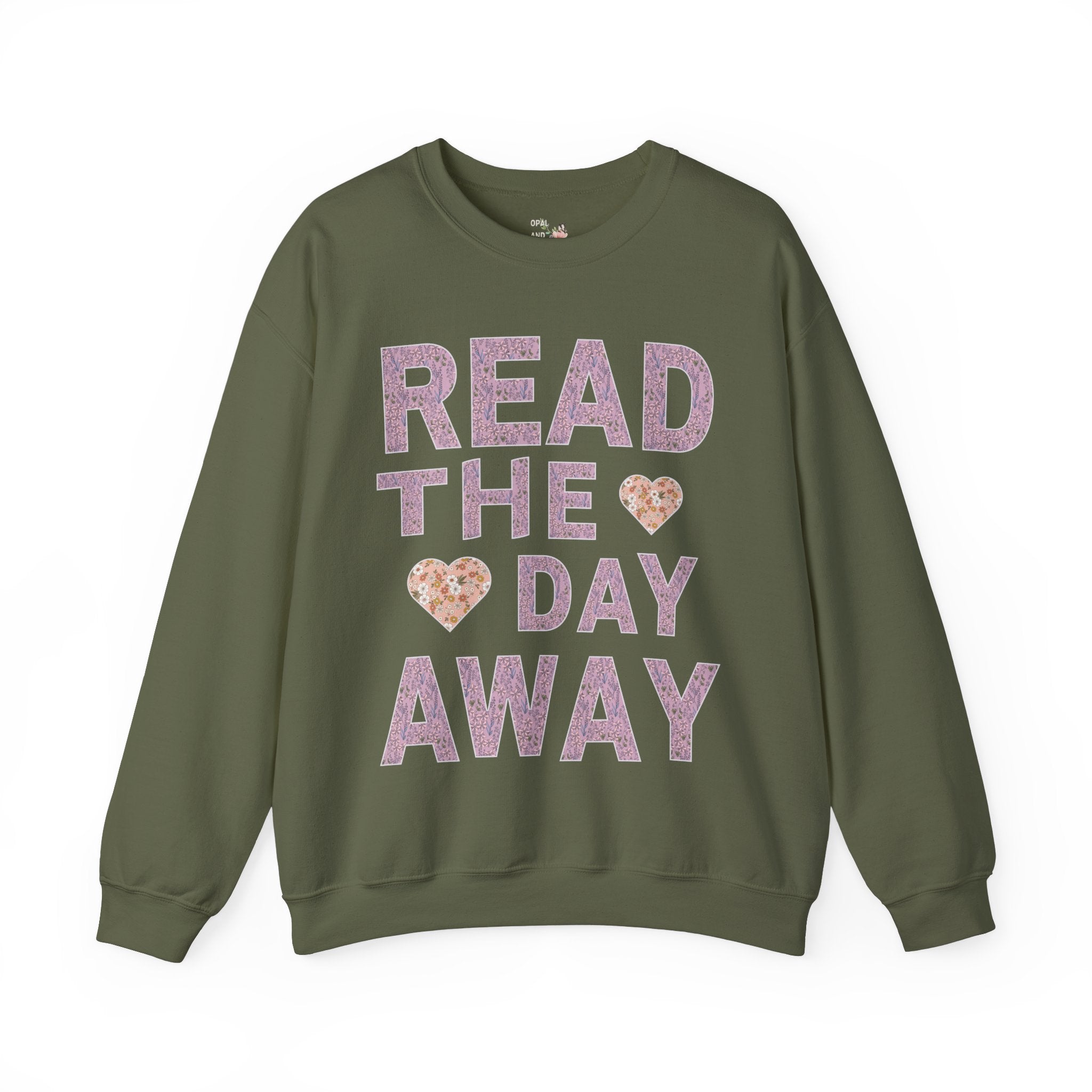 Book Lover Gift Idea: Read the Day Away Sweatshirt with Hearts, Cute Floral Aesthetic Shirt for Book Lover, Romance Reader, Librarian Gift - Opal and June