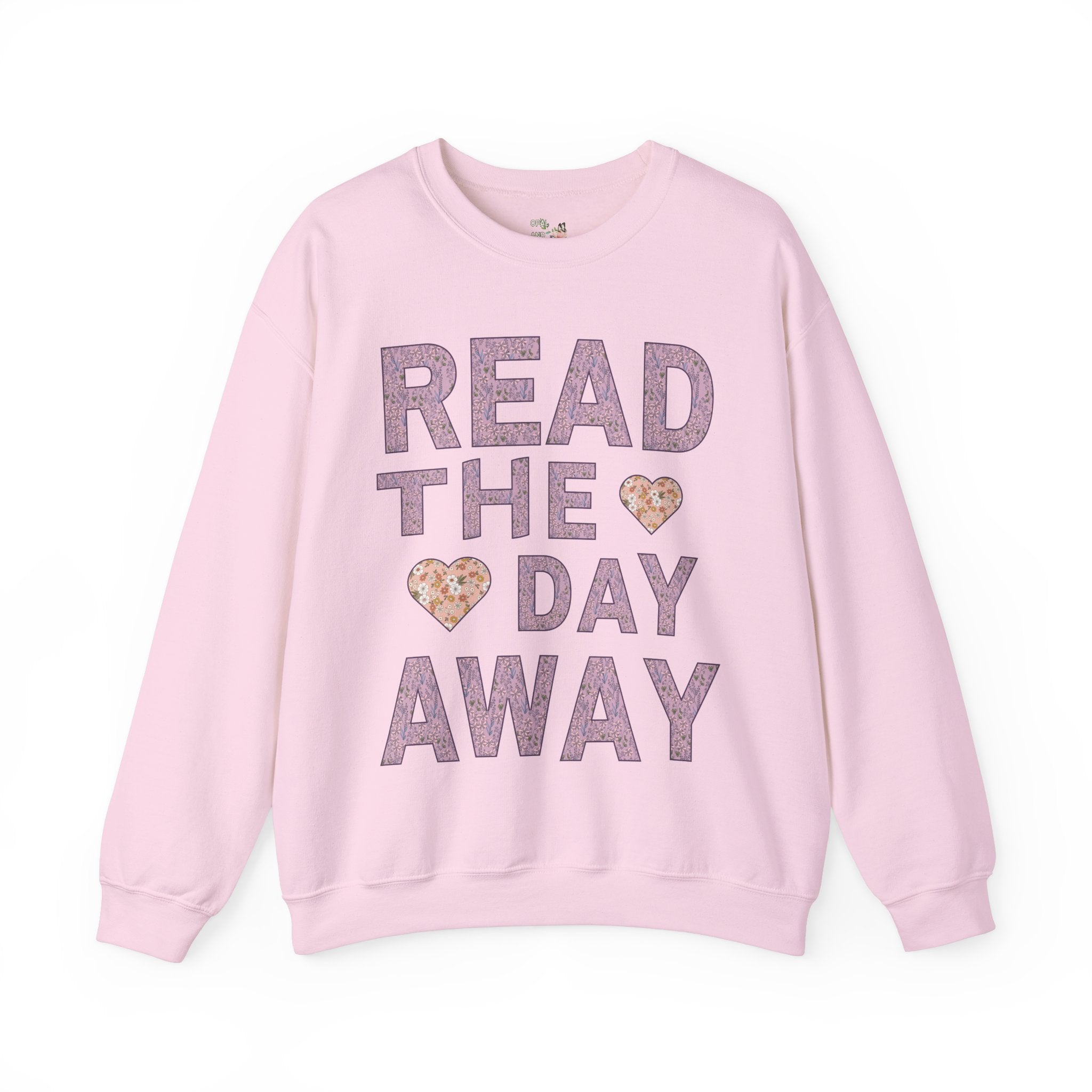 Book Lover Gift Idea: Read the Day Away Sweatshirt with Hearts, Cute Floral Aesthetic Shirt for Book Lover, Romance Reader, Librarian Gift - Opal and June