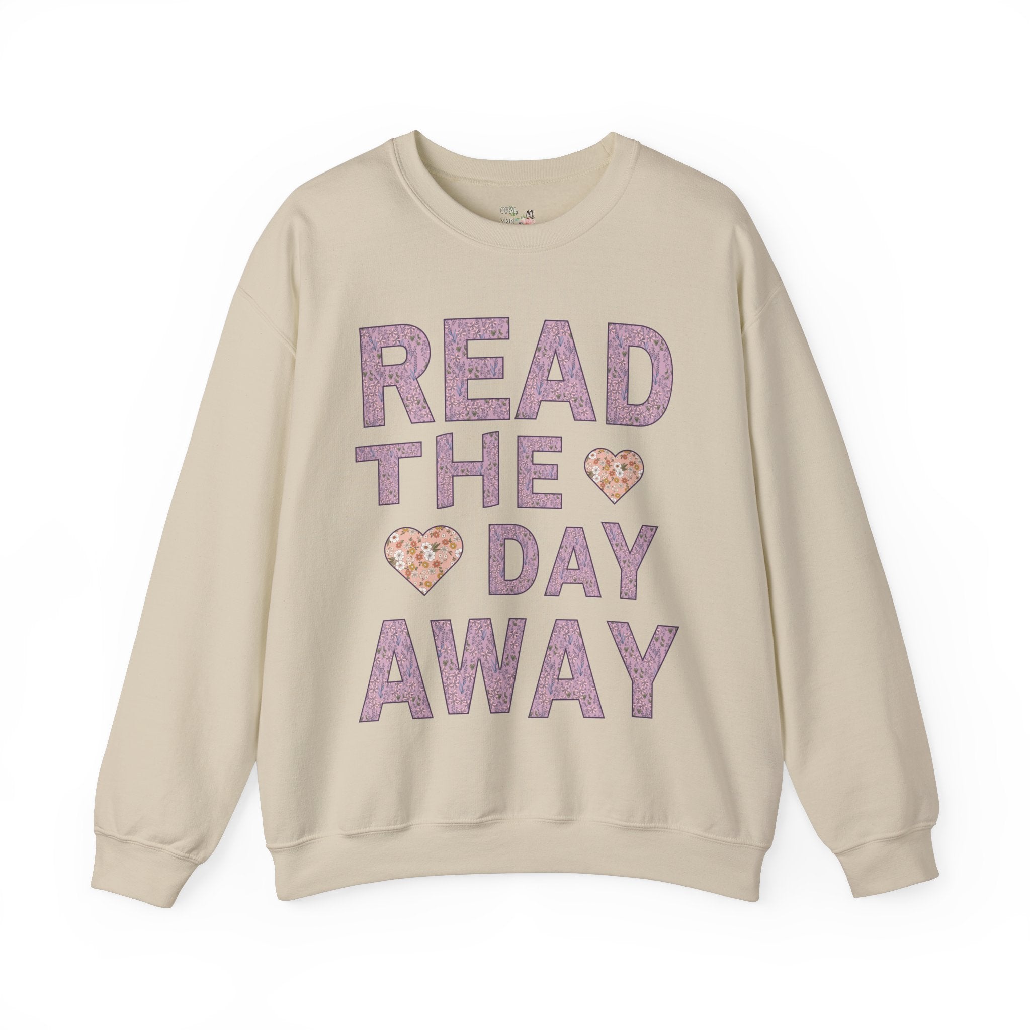 Book Lover Gift Idea: Read the Day Away Sweatshirt with Hearts, Cute Floral Aesthetic Shirt for Book Lover, Romance Reader, Librarian Gift - Opal and June