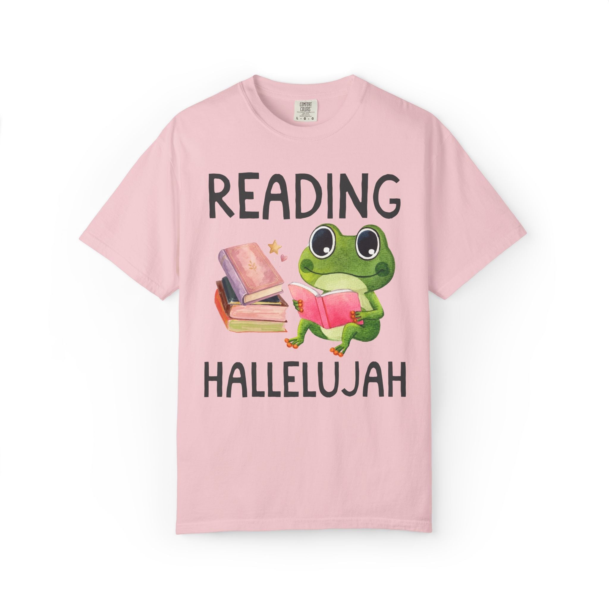 Book Lover Reading Hallelujah T-Shirt with Cute Frog, Silly Dreamcore Bookish Tee with Hearts, Funny School Librarian or Library Aide Gift - Opal and June
