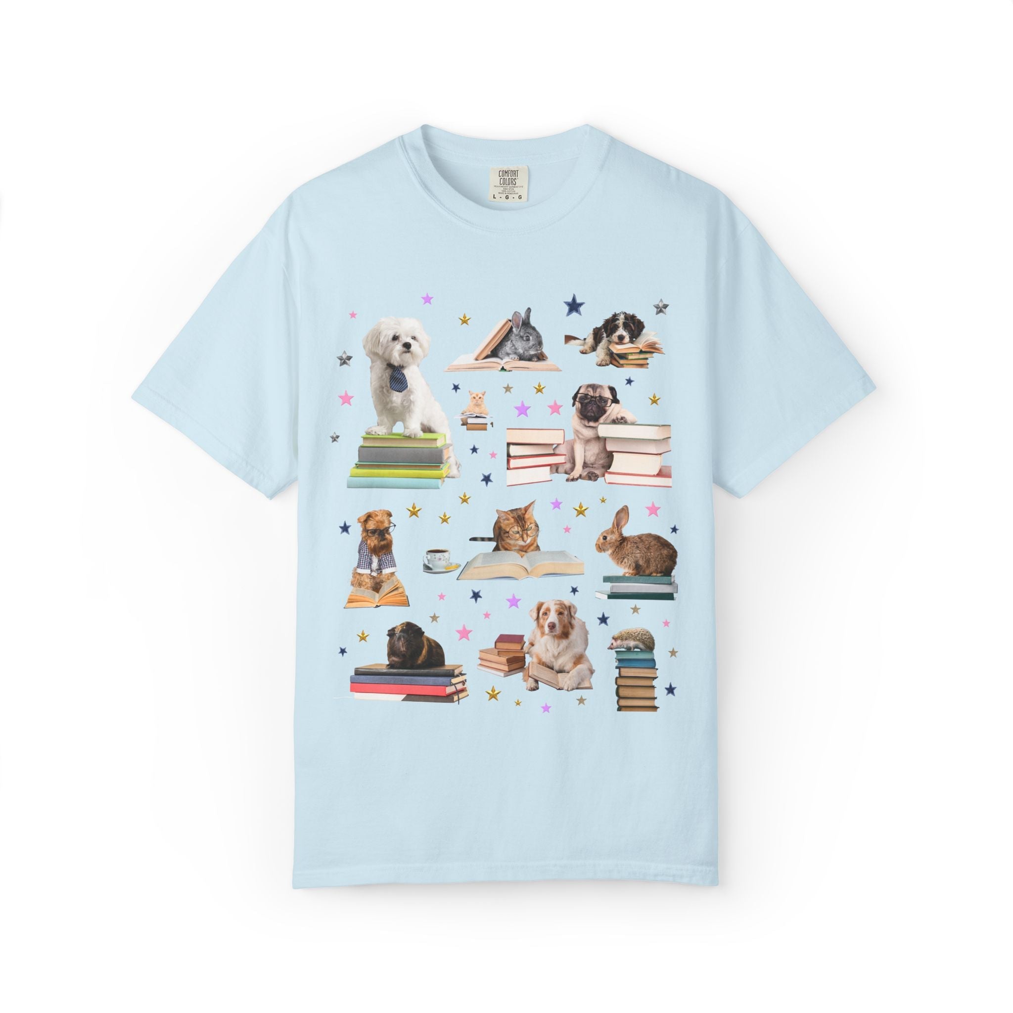 Bookish Animal Lover Tee Shirt with Dogs Holding Books - Opal and June
