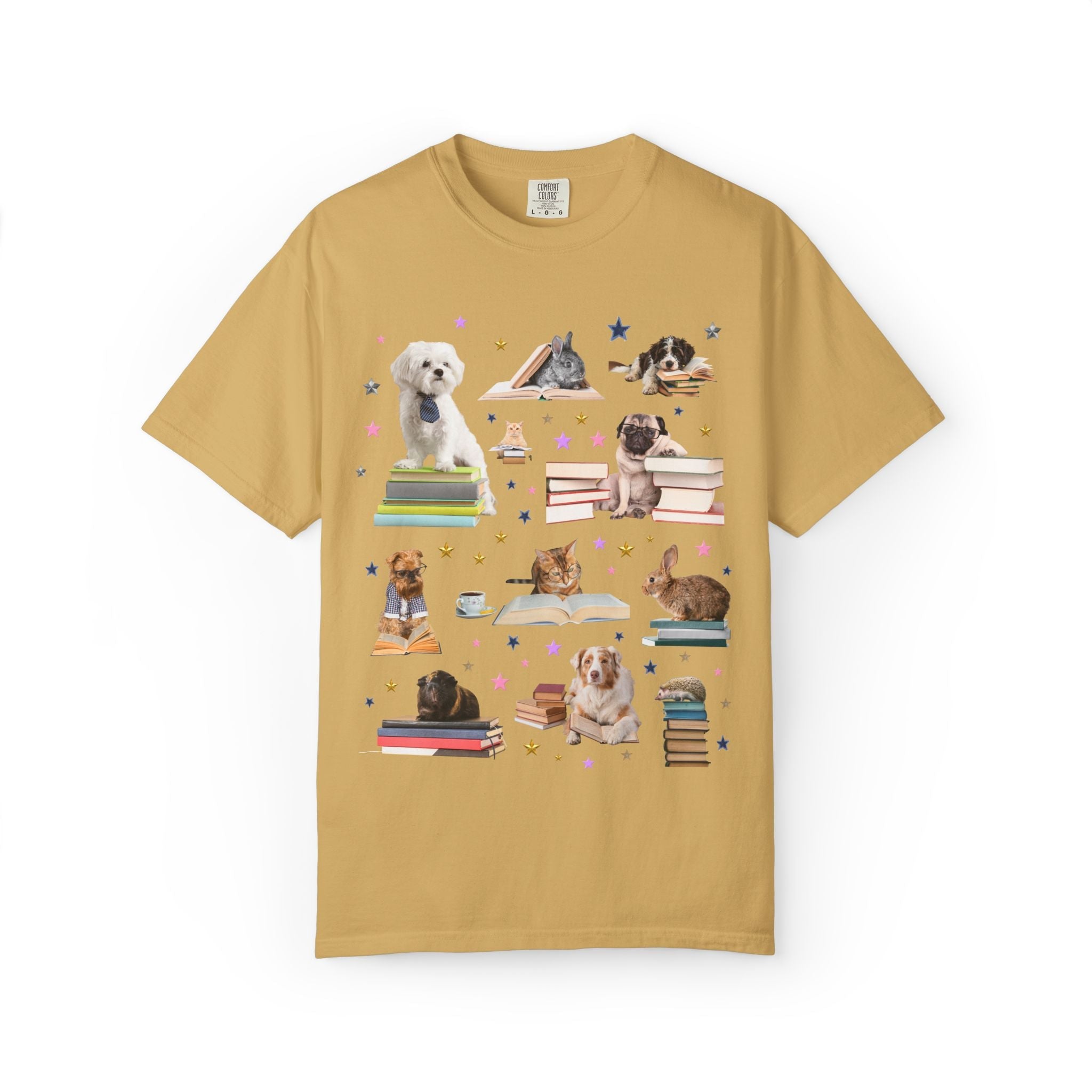 Bookish Animal Lover Tee Shirt with Dogs Holding Books - Opal and June