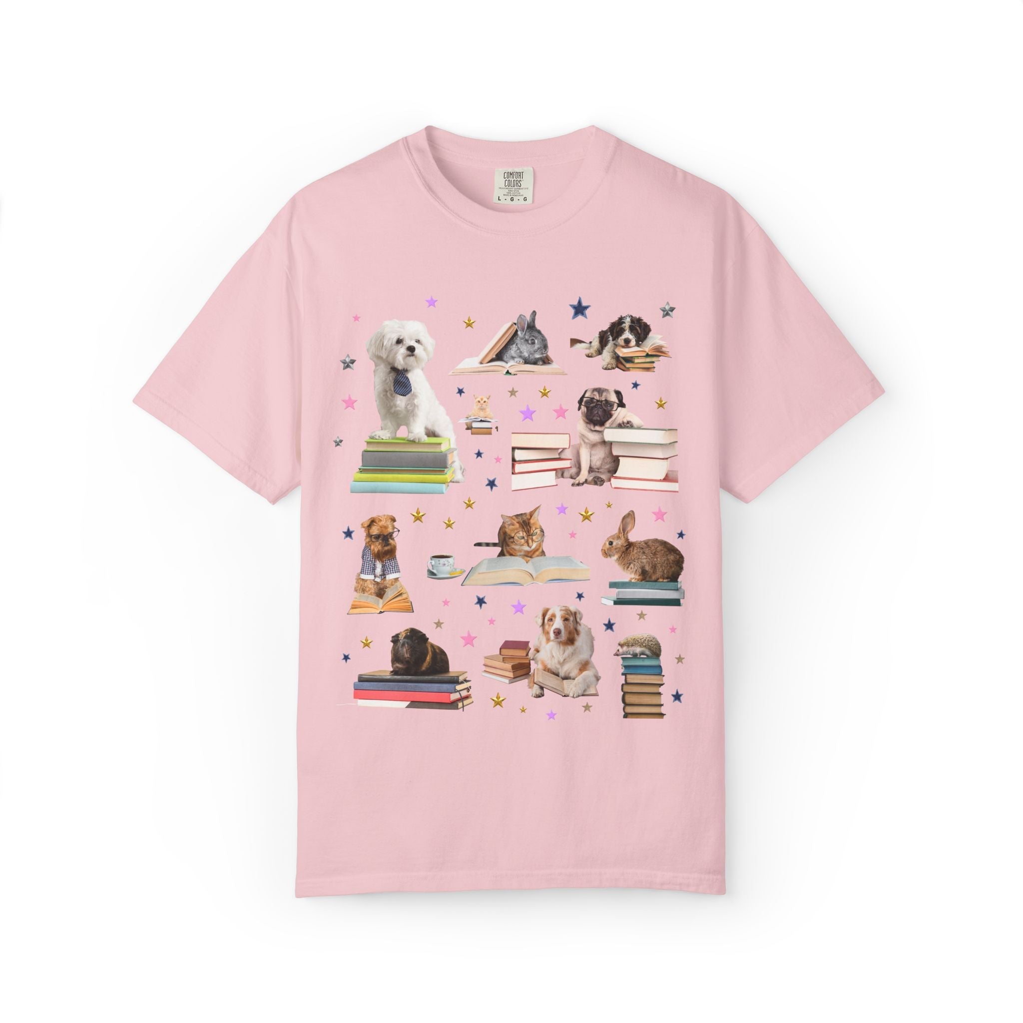 Bookish Animal Lover Tee Shirt with Dogs Holding Books - Opal and June