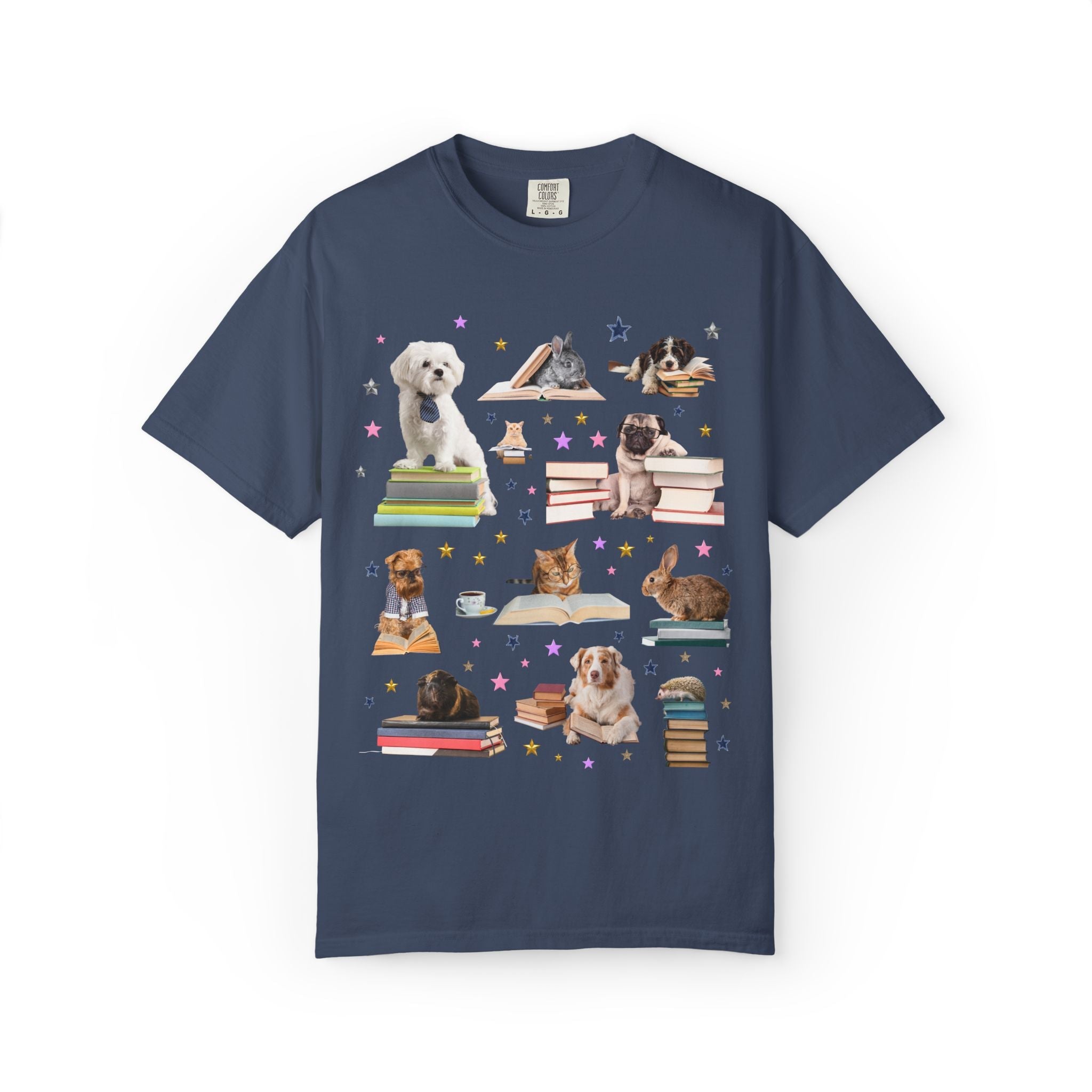 Bookish Animal Lover Tee Shirt with Dogs Holding Books - Opal and June