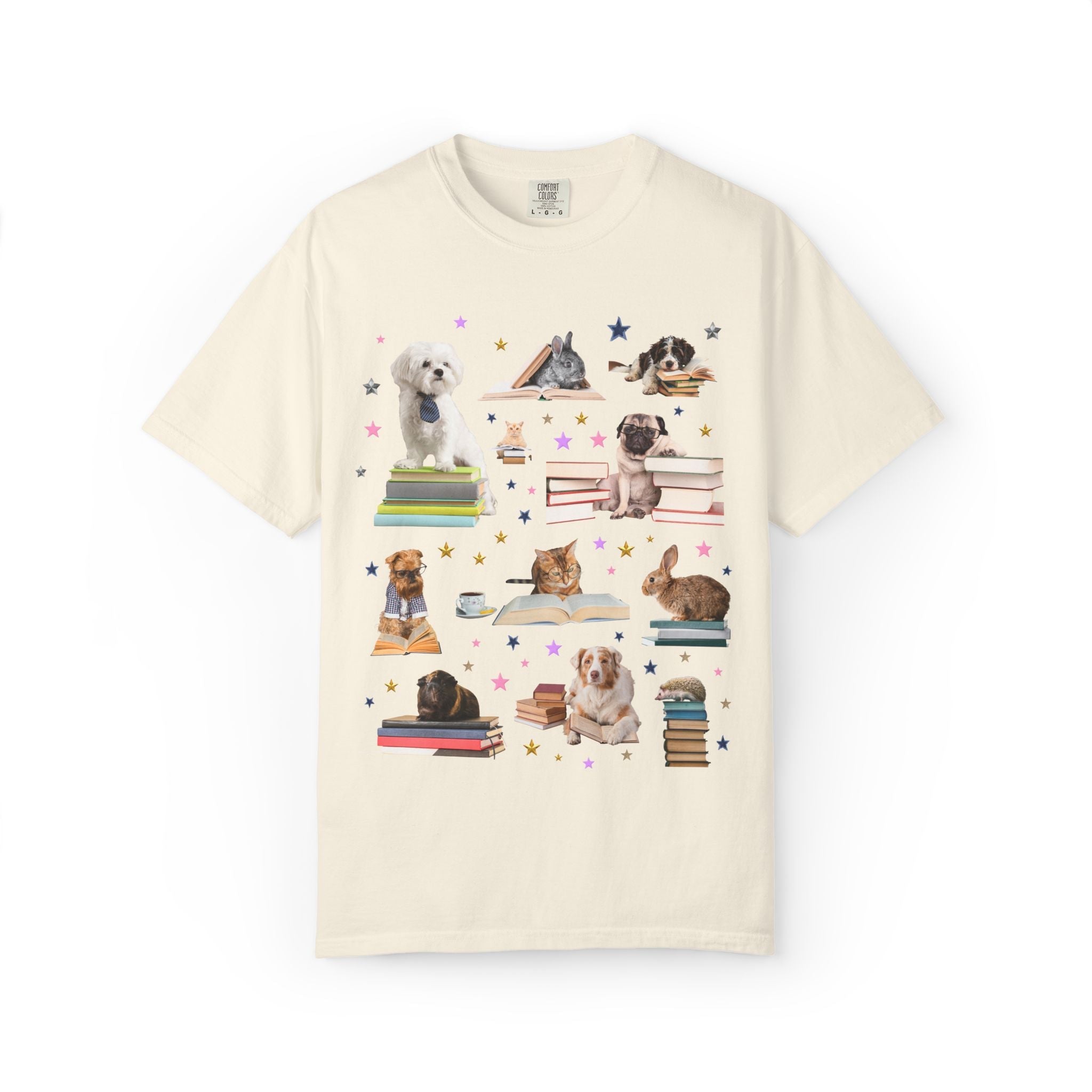 Bookish Animal Lover Tee Shirt with Dogs Holding Books - Opal and June