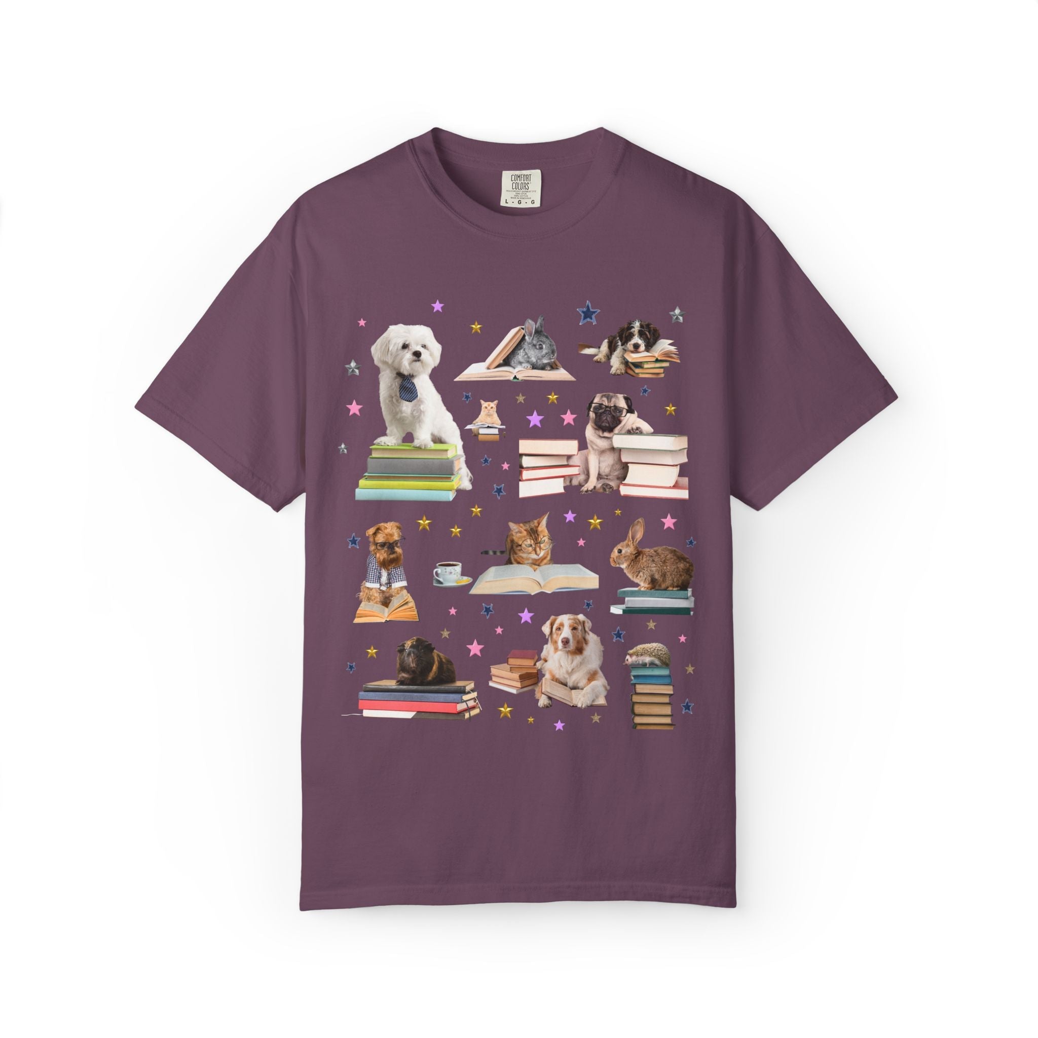 Bookish Animal Lover Tee Shirt with Dogs Holding Books - Opal and June