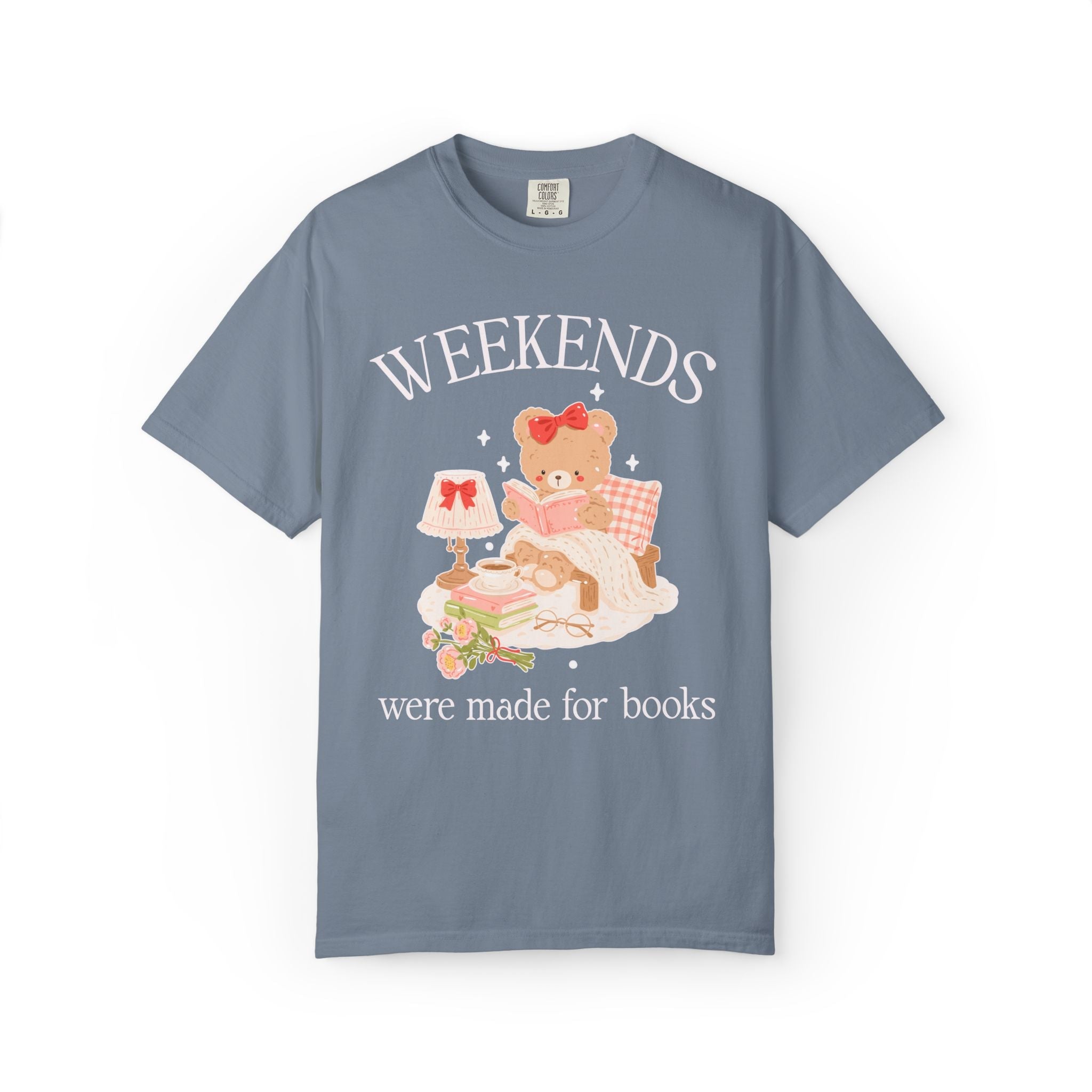 Bookish Bear Tee Shirt for Animal Lover or Librarian: Weekends Were Made for Books, 90s Aesthetic Bookworm Gift, Romance or Mystery Reader - Opal and June