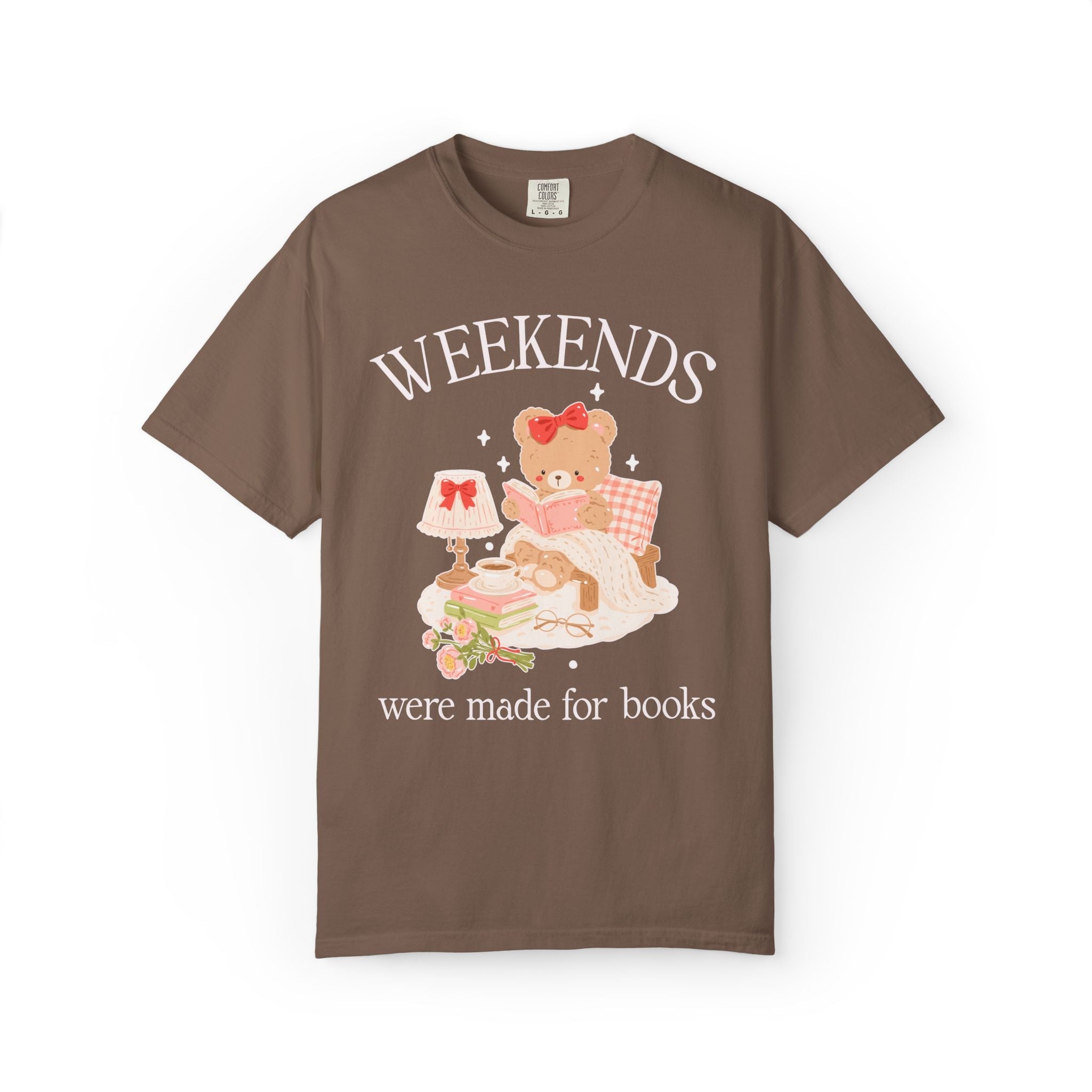 Bookish Bear Tee Shirt for Animal Lover or Librarian: Weekends Were Made for Books, 90s Aesthetic Bookworm Gift, Romance or Mystery Reader - Opal and June