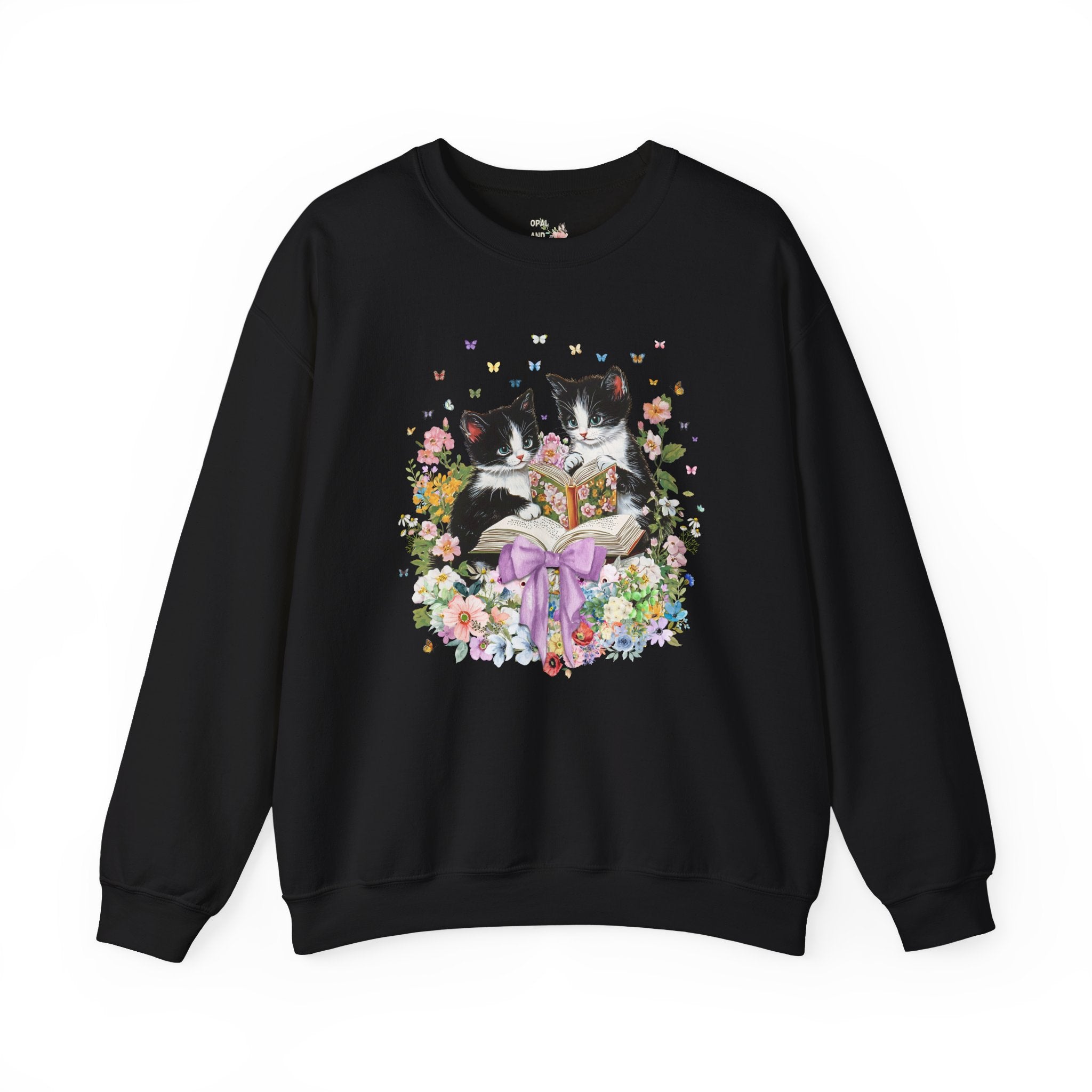 Bookish Cat Lover Sweatshirt, Cat Mom, Cat Dad Who Loves Reading, Cute School Librarian Shirt for Bookworm Who Loves Kittens, 90s Throwback - Opal and June
