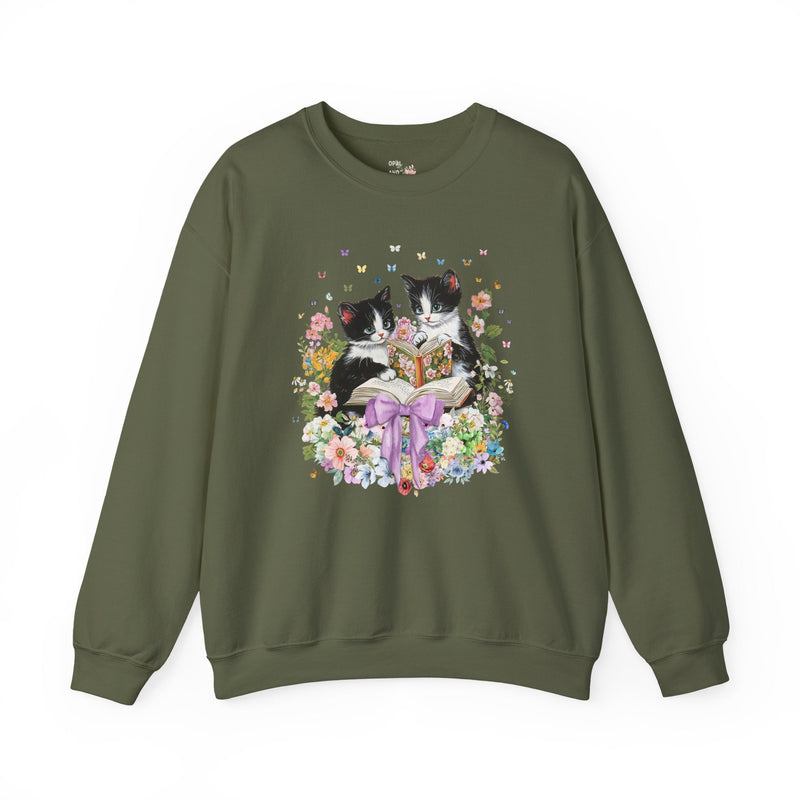 Bookish Cat Lover Sweatshirt, Cat Mom, Cat Dad Who Loves Reading, Cute School Librarian Shirt for Bookworm Who Loves Kittens, 90s Throwback - Opal and June