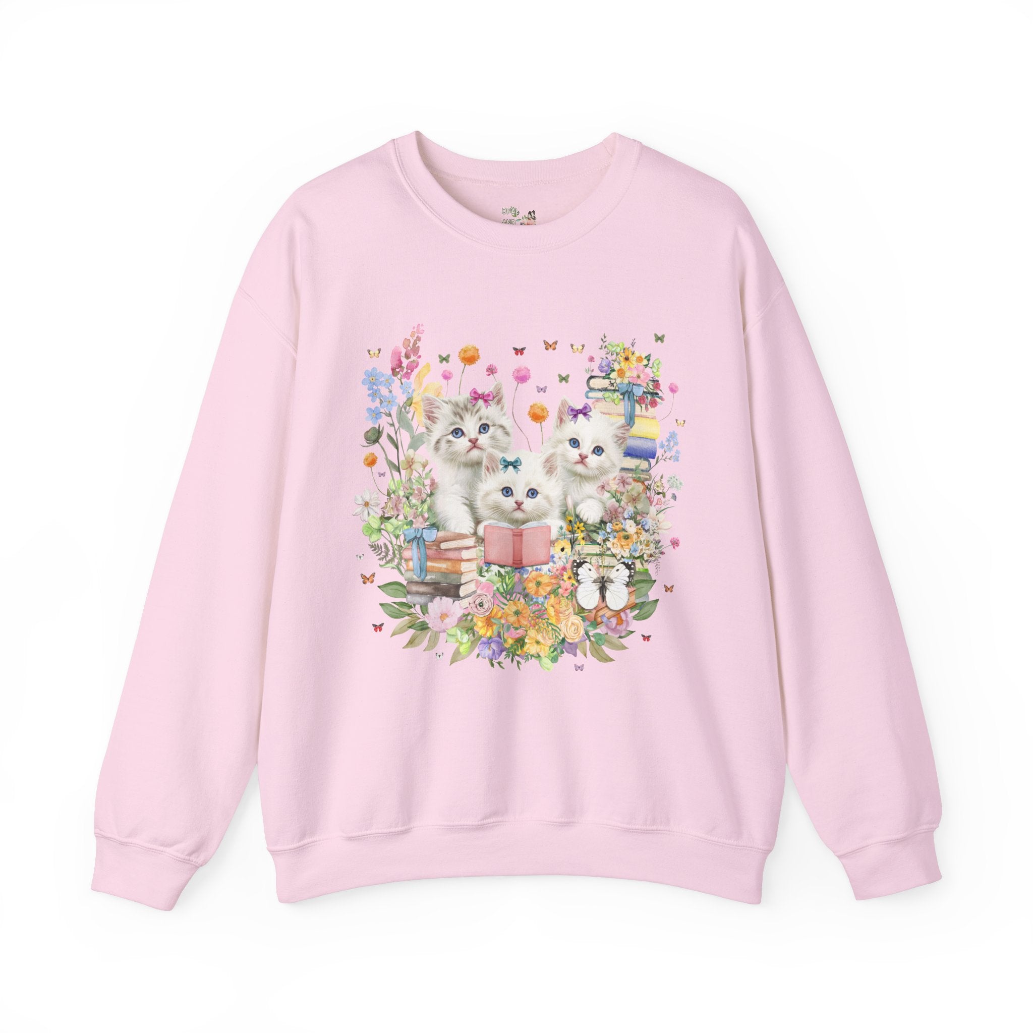 Bookish Cat Lover Sweatshirt for Cat Mom or Cat Dad Who Loves Reading: 90s Throwback Crewneck with Butterflies, Gift for Bookworm or Author - Opal and June