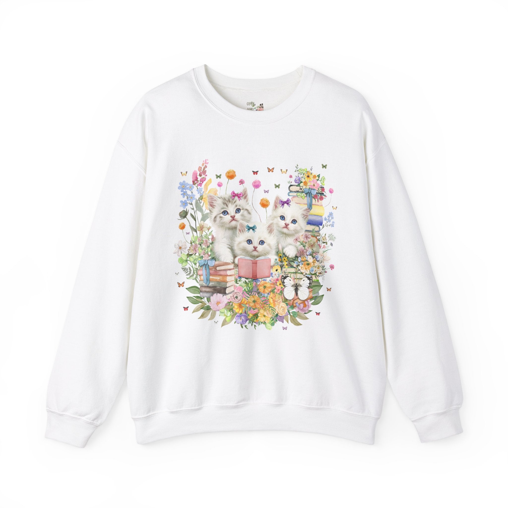 Bookish Cat Lover Sweatshirt for Cat Mom or Cat Dad Who Loves Reading: 90s Throwback Crewneck with Butterflies, Gift for Bookworm or Author - Opal and June