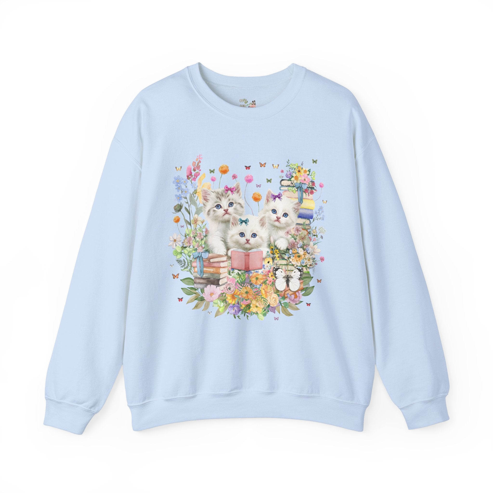Bookish Cat Lover Sweatshirt for Cat Mom or Cat Dad Who Loves Reading: 90s Throwback Crewneck with Butterflies, Gift for Bookworm or Author - Opal and June