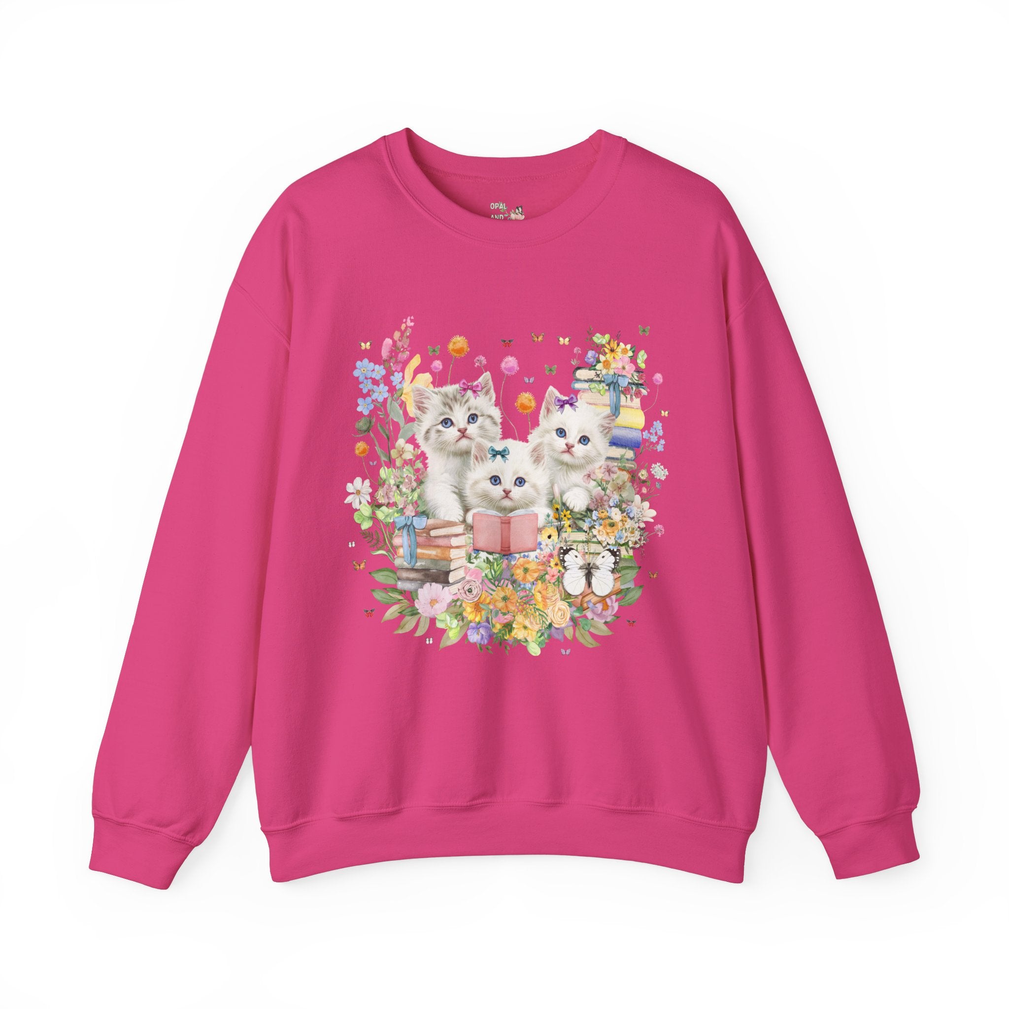 Bookish Cat Lover Sweatshirt for Cat Mom or Cat Dad Who Loves Reading: 90s Throwback Crewneck with Butterflies, Gift for Bookworm or Author - Opal and June
