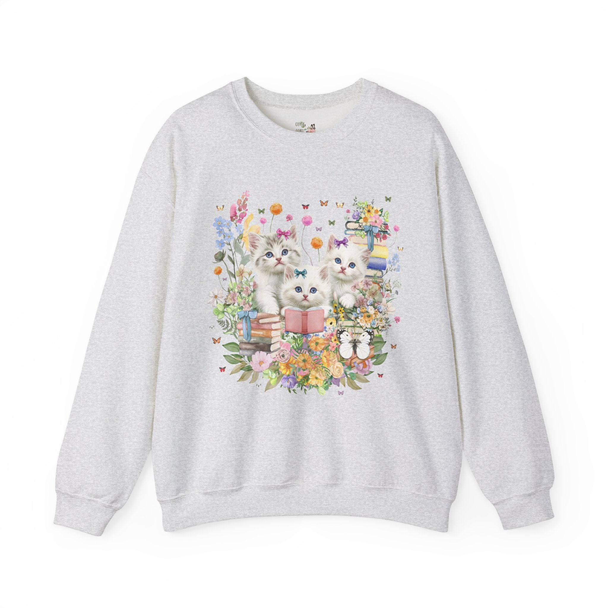 Bookish Cat Lover Sweatshirt for Cat Mom or Cat Dad Who Loves Reading: 90s Throwback Crewneck with Butterflies, Gift for Bookworm or Author - Opal and June