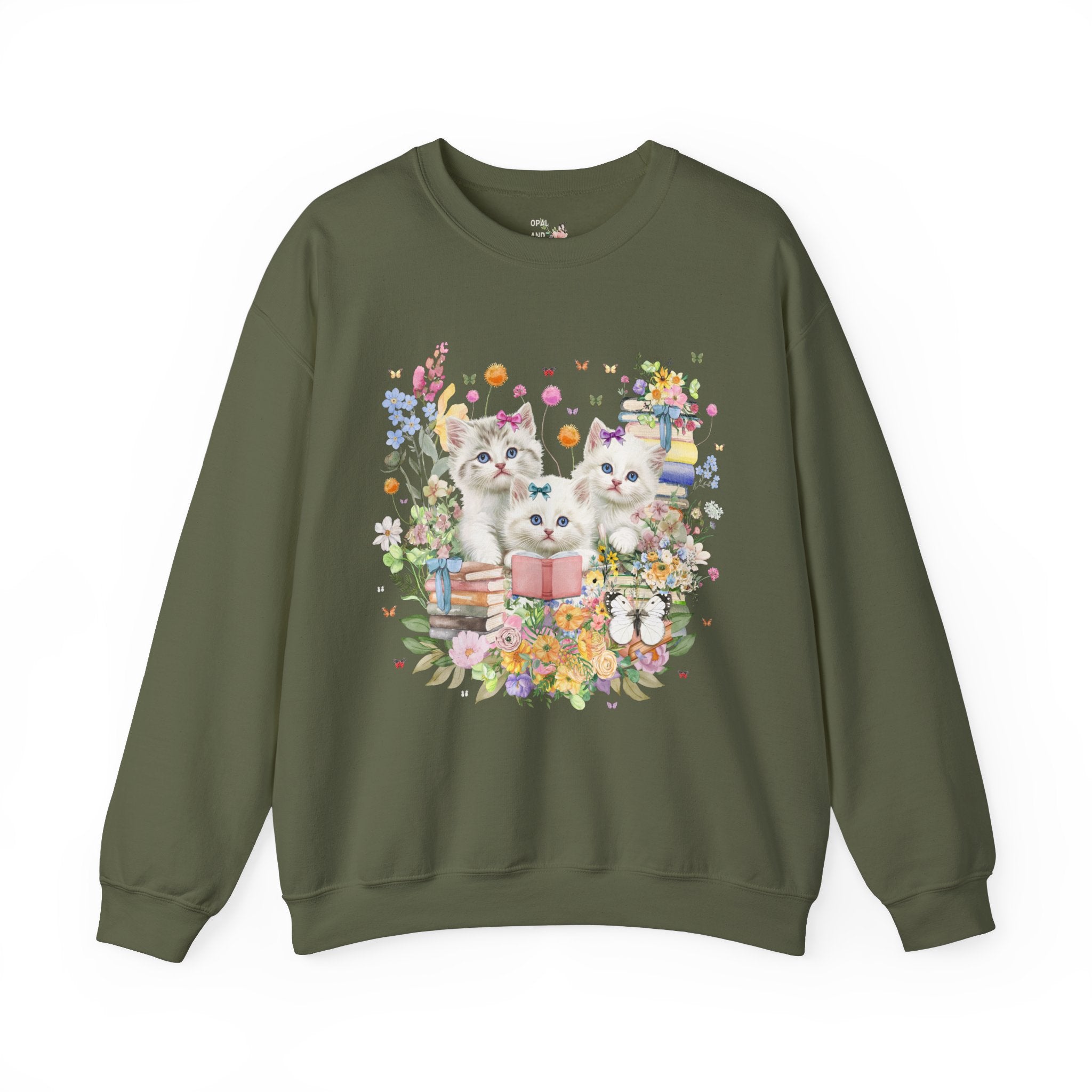 Bookish Cat Lover Sweatshirt for Cat Mom or Cat Dad Who Loves Reading: 90s Throwback Crewneck with Butterflies, Gift for Bookworm or Author - Opal and June