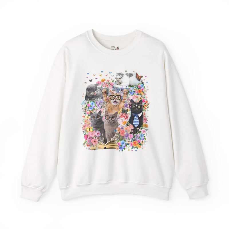 Bookish Cat Teacher Sweatshirt, Floral Dreamcore Cats Wearing Glasses Crewneck, Funny 90s Aesthetic Animal Lover Gift for Cat Mom or Cat Dad - Opal and June