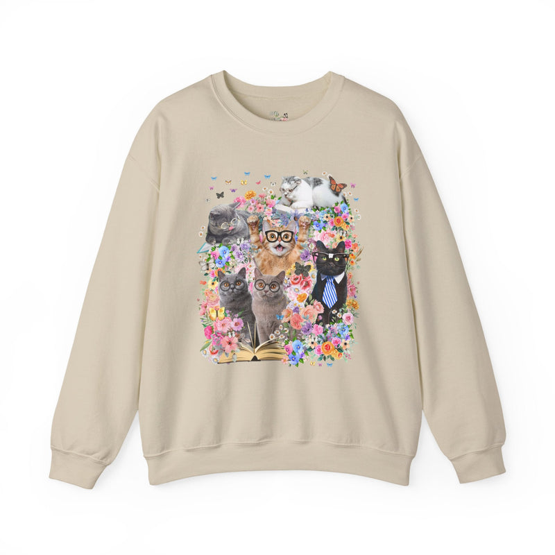 Bookish Cat Teacher Sweatshirt, Floral Dreamcore Cats Wearing Glasses Crewneck, Funny 90s Aesthetic Animal Lover Gift for Cat Mom or Cat Dad - Opal and June