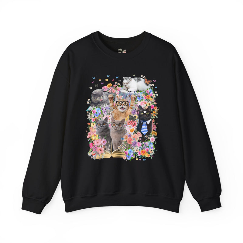 Bookish Cat Teacher Sweatshirt, Floral Dreamcore Cats Wearing Glasses Crewneck, Funny 90s Aesthetic Animal Lover Gift for Cat Mom or Cat Dad - Opal and June