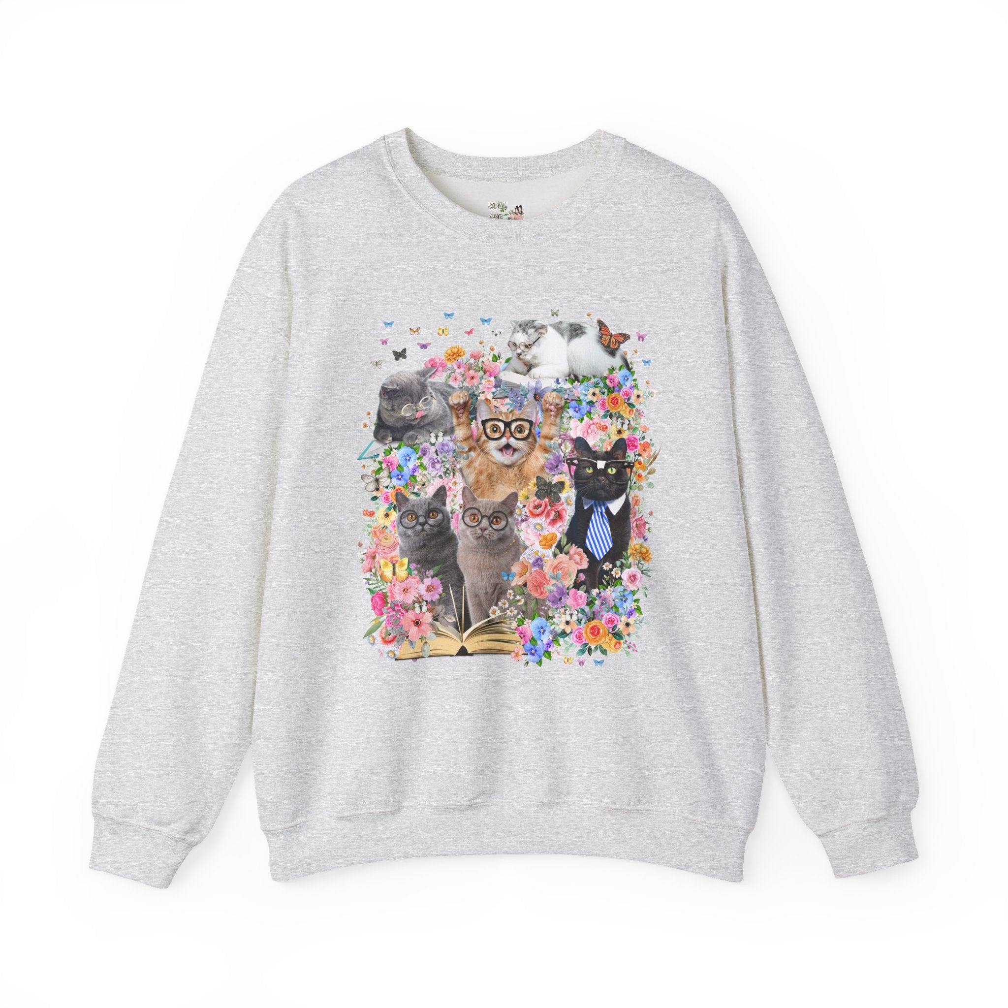 Bookish Cat Teacher Sweatshirt, Floral Dreamcore Cats Wearing Glasses Crewneck, Funny 90s Aesthetic Animal Lover Gift for Cat Mom or Cat Dad - Opal and June