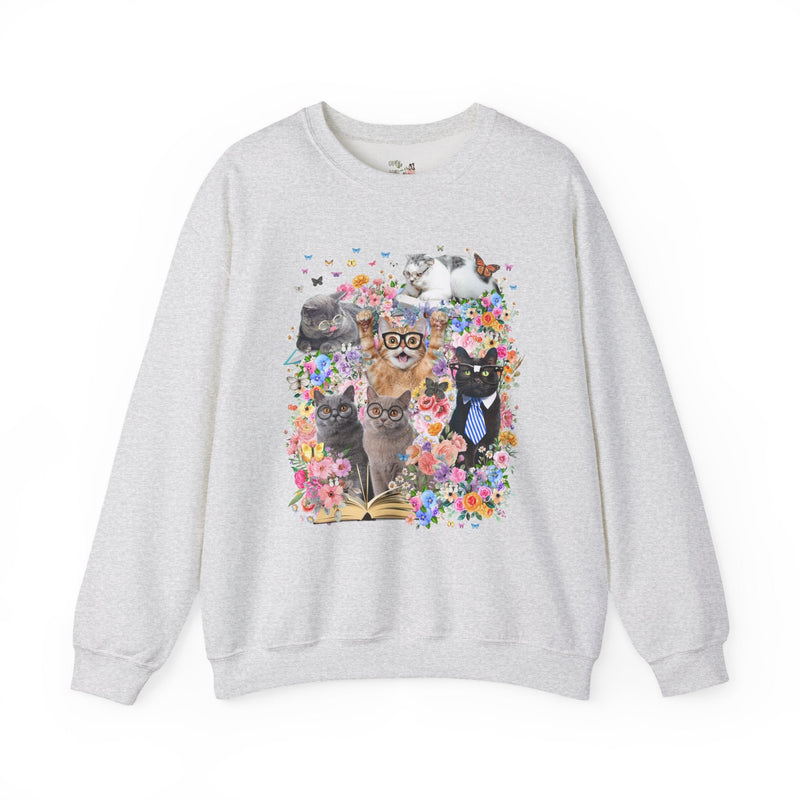 Bookish Cat Teacher Sweatshirt, Floral Dreamcore Cats Wearing Glasses Crewneck, Funny 90s Aesthetic Animal Lover Gift for Cat Mom or Cat Dad - Opal and June