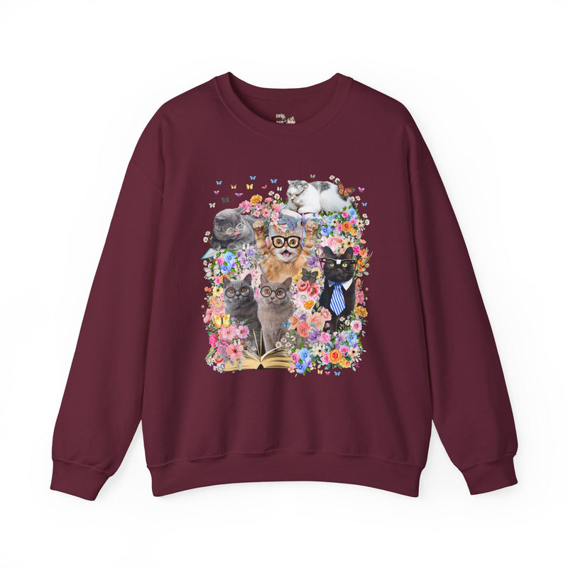 Bookish Cat Teacher Sweatshirt, Floral Dreamcore Cats Wearing Glasses Crewneck, Funny 90s Aesthetic Animal Lover Gift for Cat Mom or Cat Dad - Opal and June