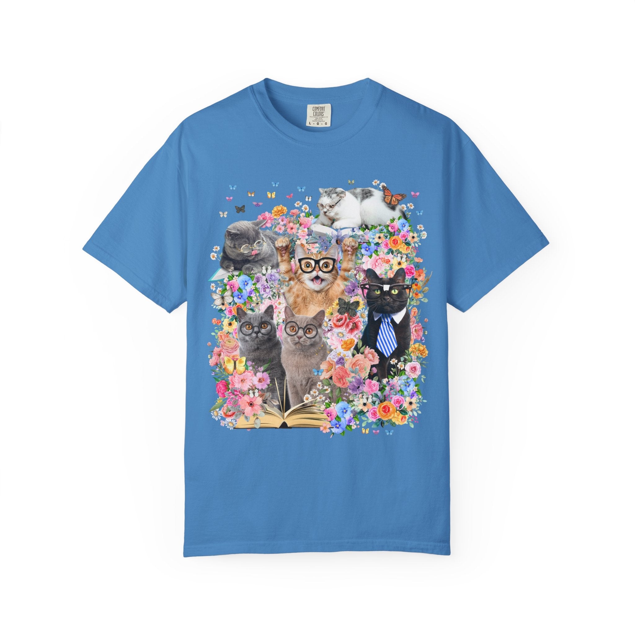 Bookish Cat Teacher Tee Shirt, Floral Dreamcore Cats Wearing Glasses T-Shirt, Funny 90s Aesthetic Animal Lover Tee for Cat Mom or Cat Dad - Opal and June
