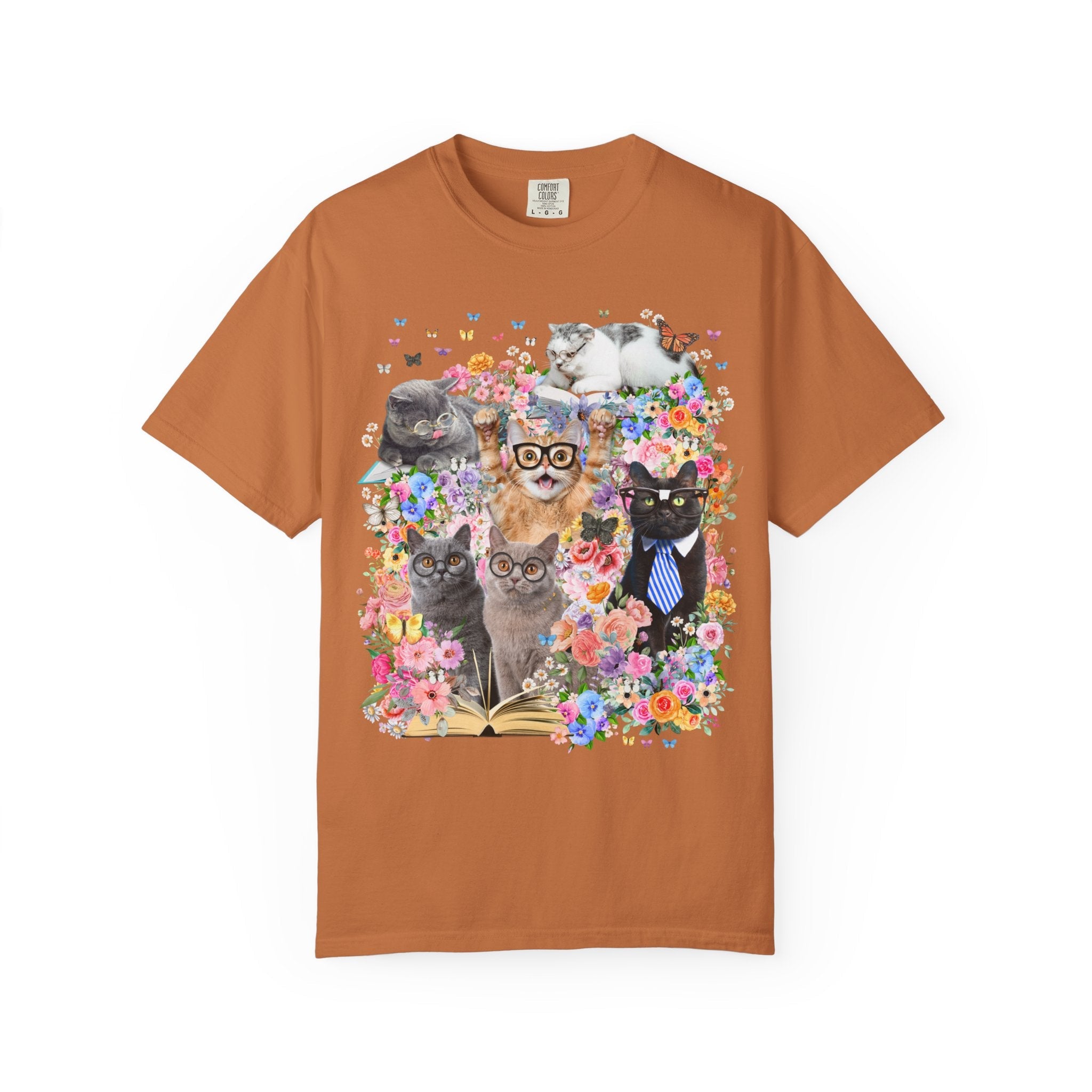 Bookish Cat Teacher Tee Shirt, Floral Dreamcore Cats Wearing Glasses T-Shirt, Funny 90s Aesthetic Animal Lover Tee for Cat Mom or Cat Dad - Opal and June