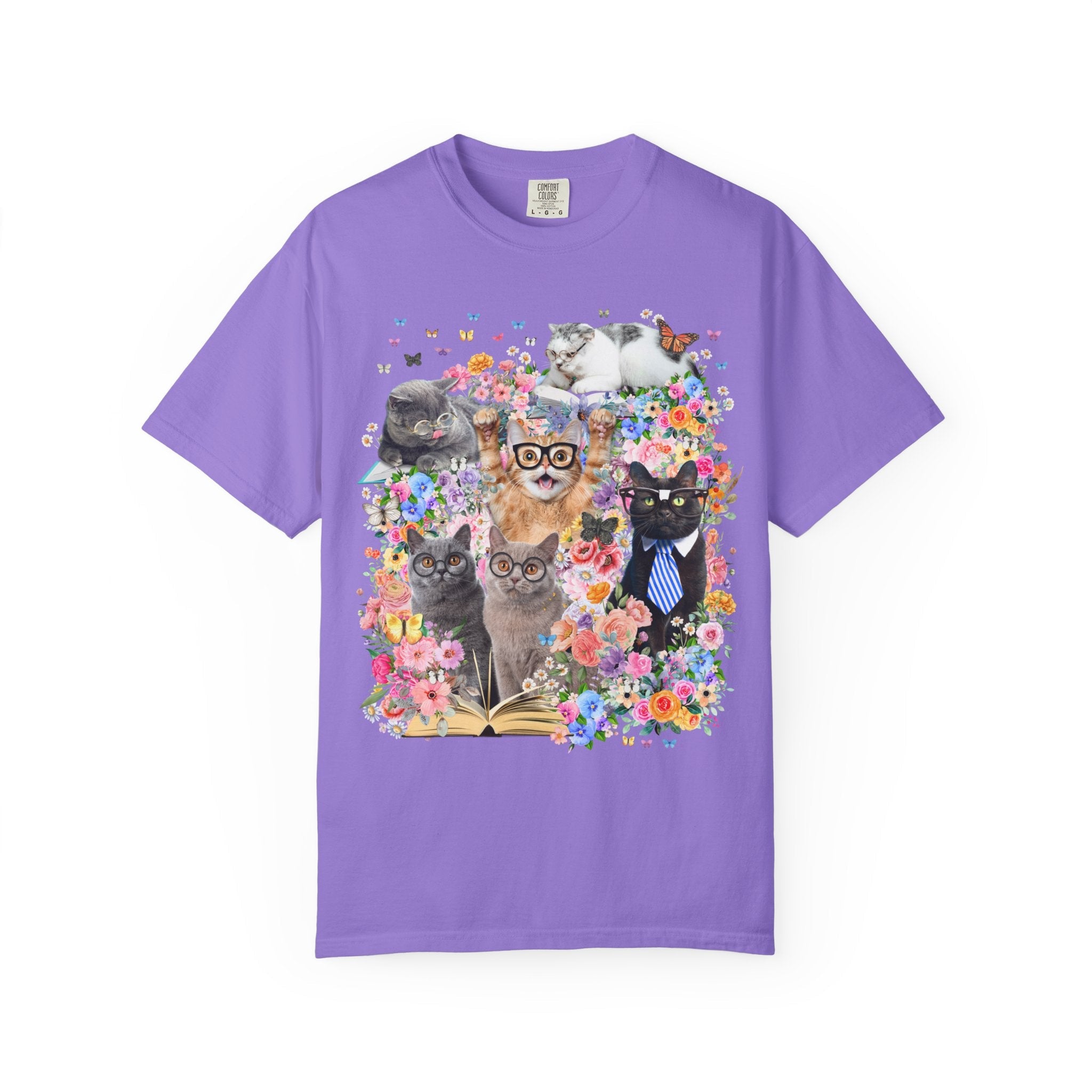 Bookish Cat Teacher Tee Shirt, Floral Dreamcore Cats Wearing Glasses T-Shirt, Funny 90s Aesthetic Animal Lover Tee for Cat Mom or Cat Dad - Opal and June